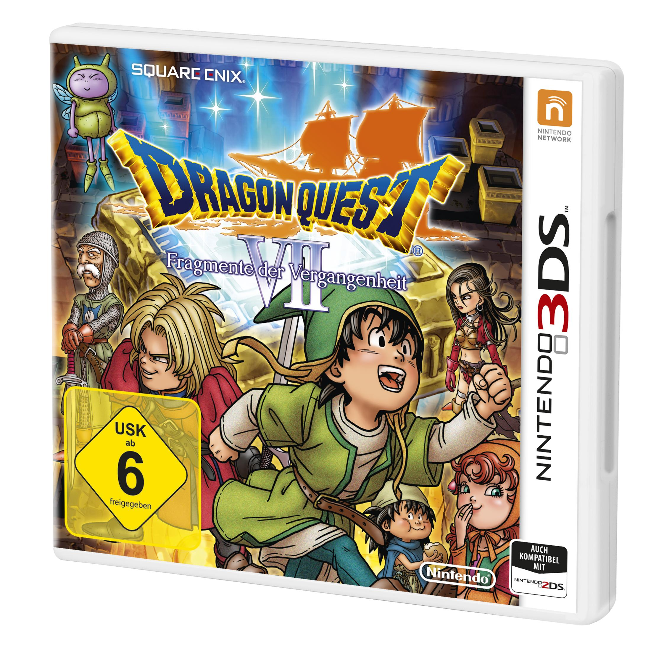 Das Spielcover für "Dragon Quest VII" auf Nintendo 3DS. Enthält Zeichentrickfiguren und eine USK-Bewertung.