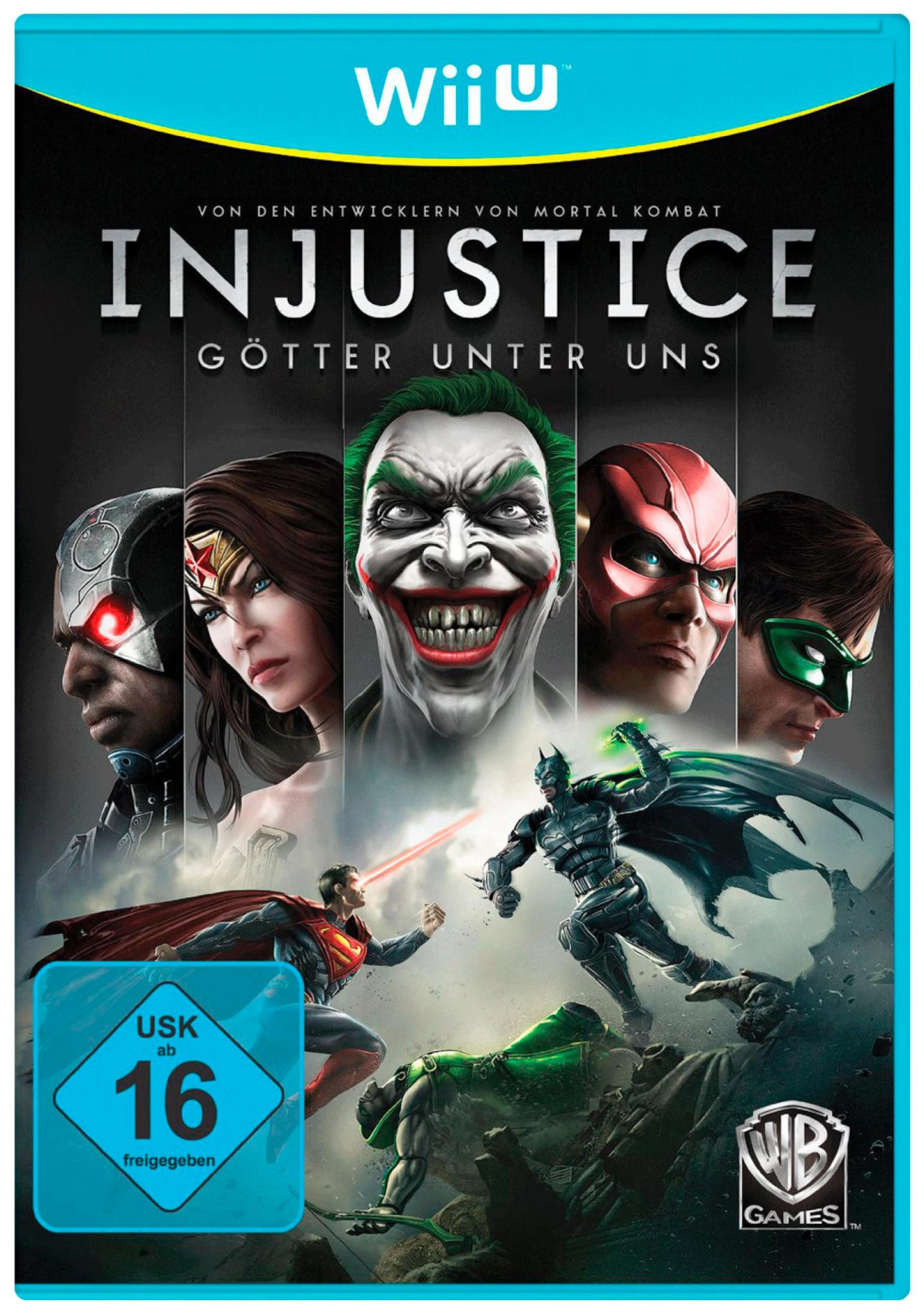 Spielcover: Injustice: Götter unter uns. DC-Superhelden und -Bösewichte. Wii U-Logo, USK 16-Bewertung, WB Games-Logo.