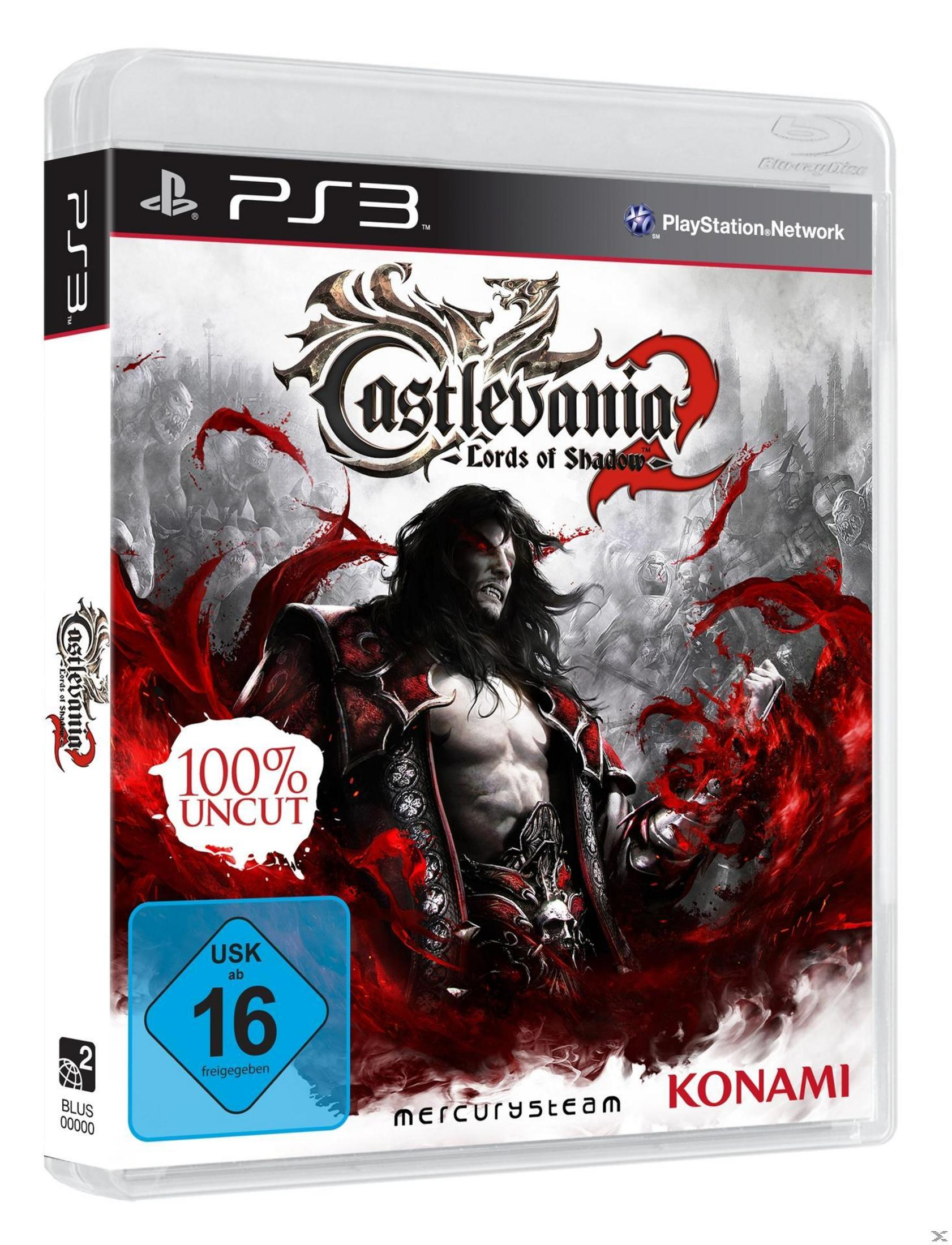 Spielcover: Castlevania: Lords of Shadow 2. Vampir-Charakter mit rotem Hintergrund. PS3-Logo, USK 16-Bewertung.