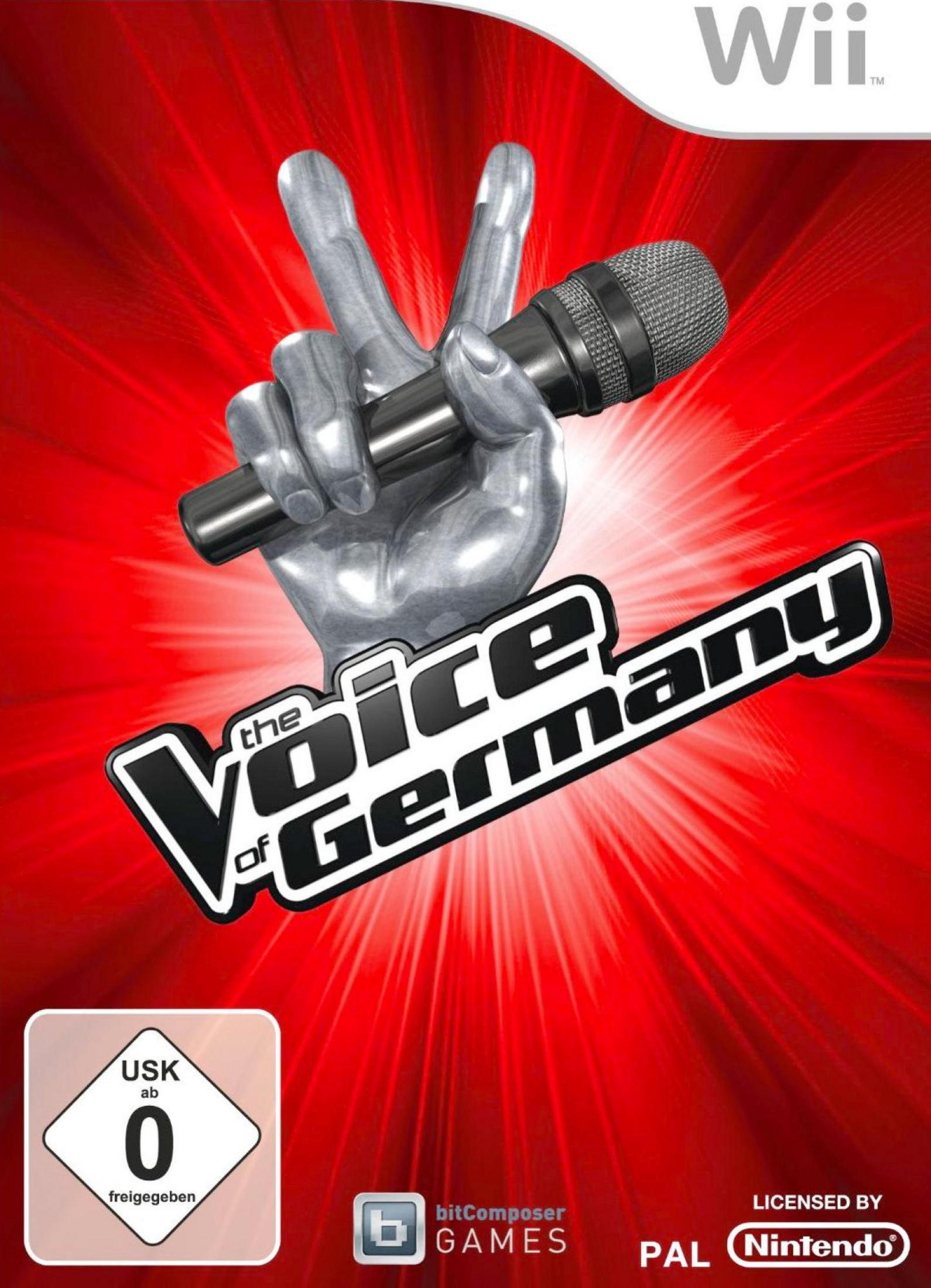 Spielcover für Wii 'The Voice of Germany' mit silberner Hand, Mikrofon und rotem Hintergrund.