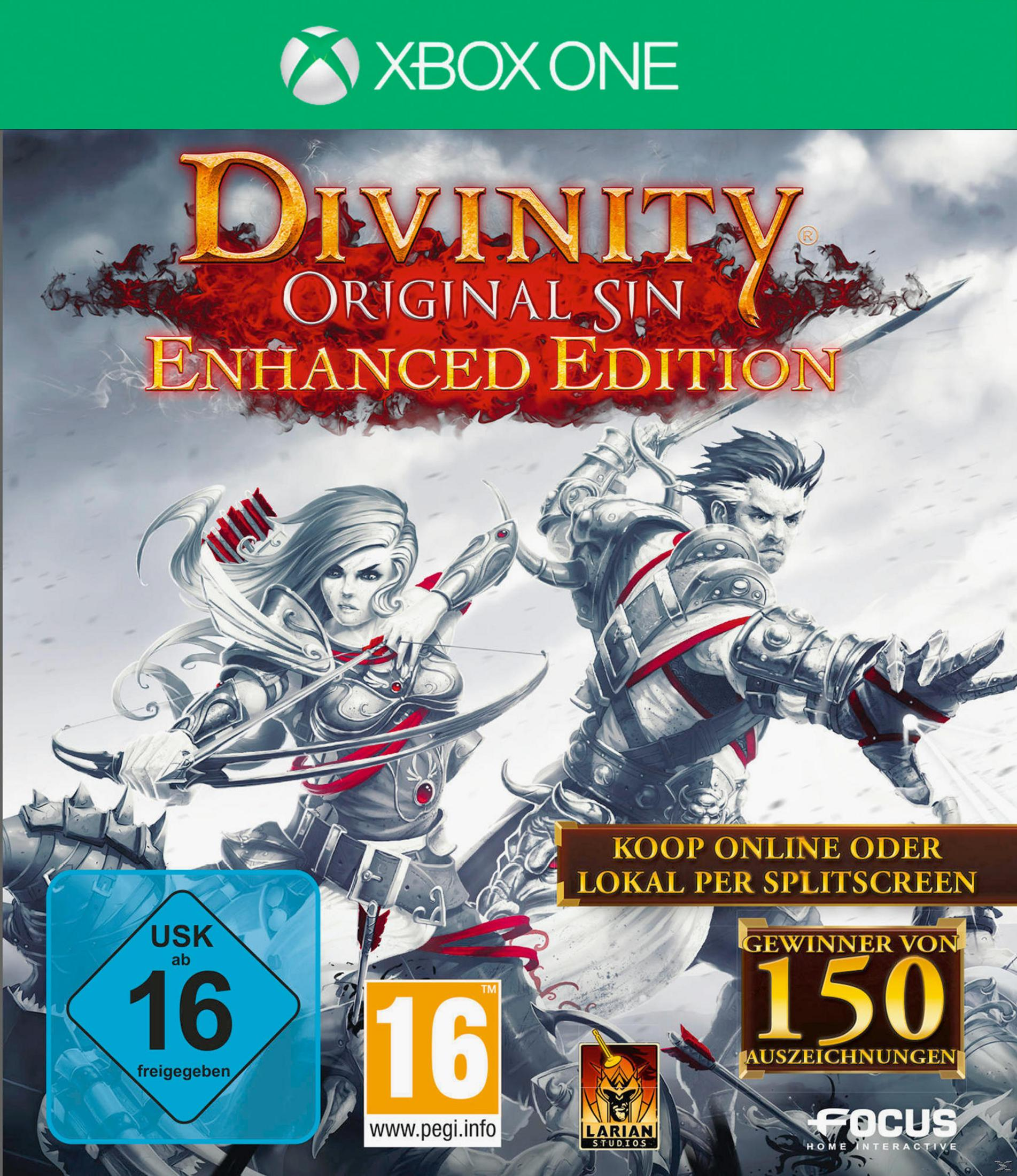 Divinity-Spielcover. Zeigt zwei Charaktere mit Waffen. Das Logo und die Altersfreigabe sind abgebildet.