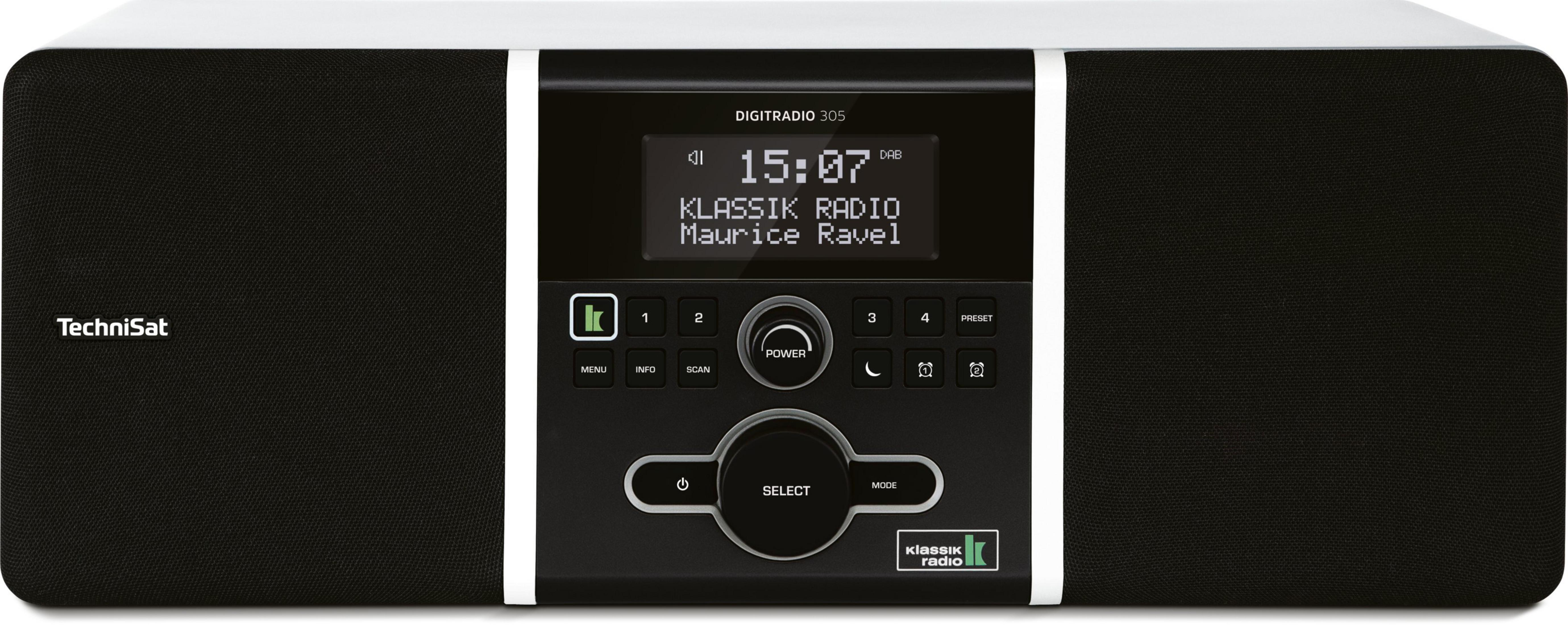 Radio in bianco e nero con display che mostra l'ora e le informazioni sulla stazione radio.
