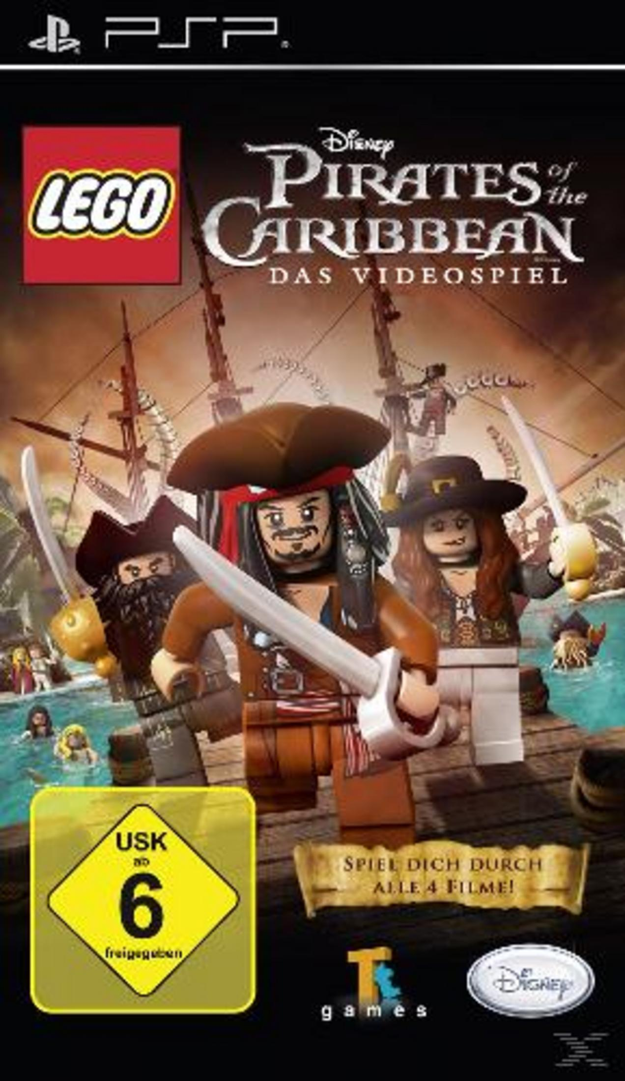 Lego Pirates of the Caribbean PSP-Spielverpackung mit Lego Jack Sparrow und anderen.