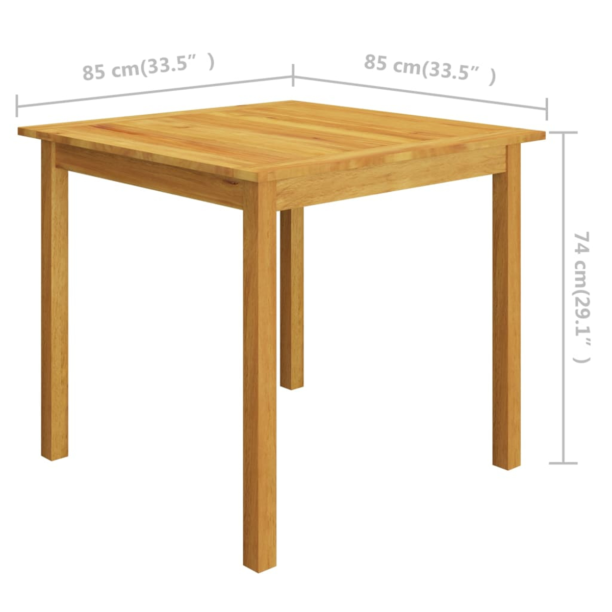 Quadratischer Holztisch. Maße: 85cm x 85cm, Höhe 74cm. Helle Holzfarbe.