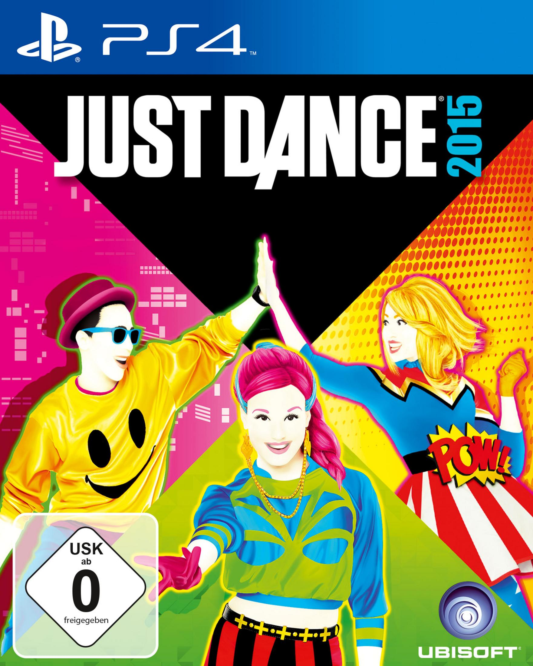 Just Dance 2015-Spielcover mit drei Tänzern und dem Logo auf schwarzem Hintergrund.
