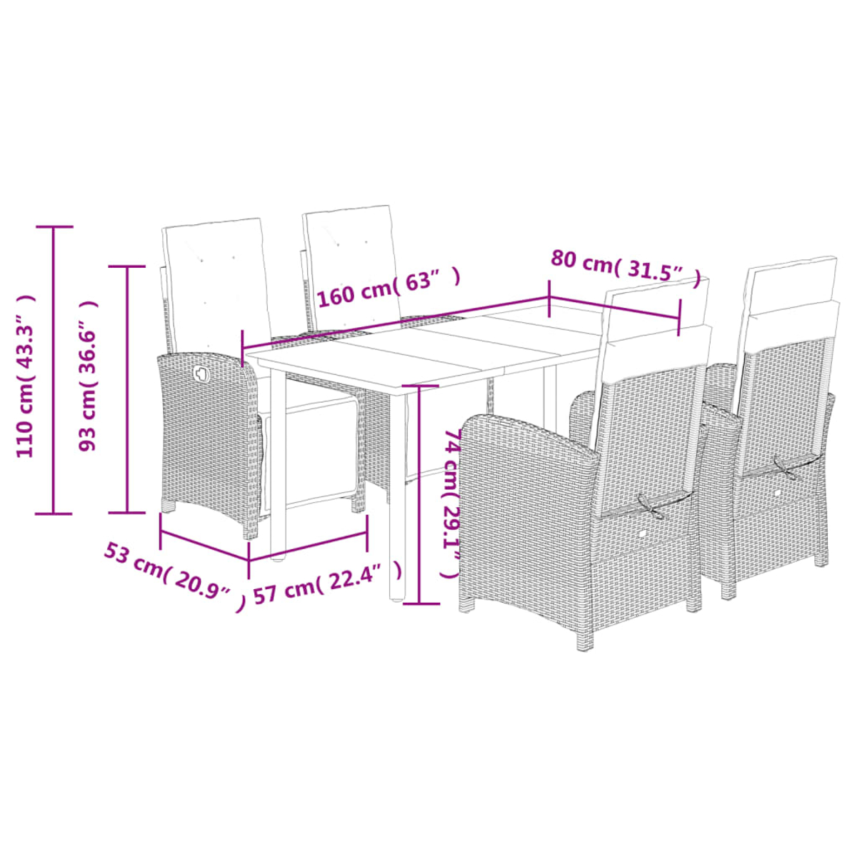 Diagramm mit den Abmessungen eines rechteckigen Esstisches und Stühlen im Freien, mit Maßen in cm und Zoll.