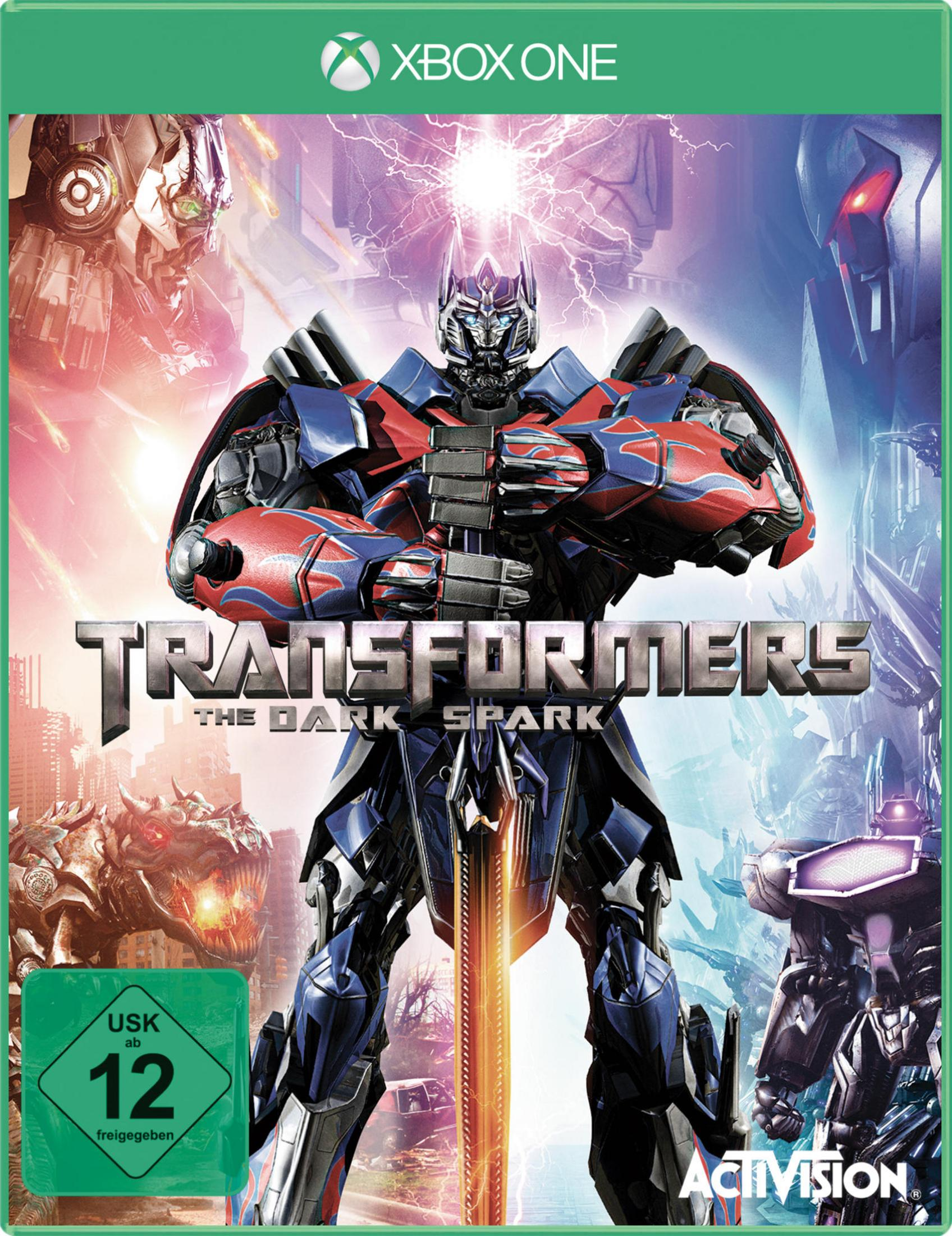Xbox One Spielcover: Transformers The Dark Spark. Optimus Prime und Roboterfiguren.