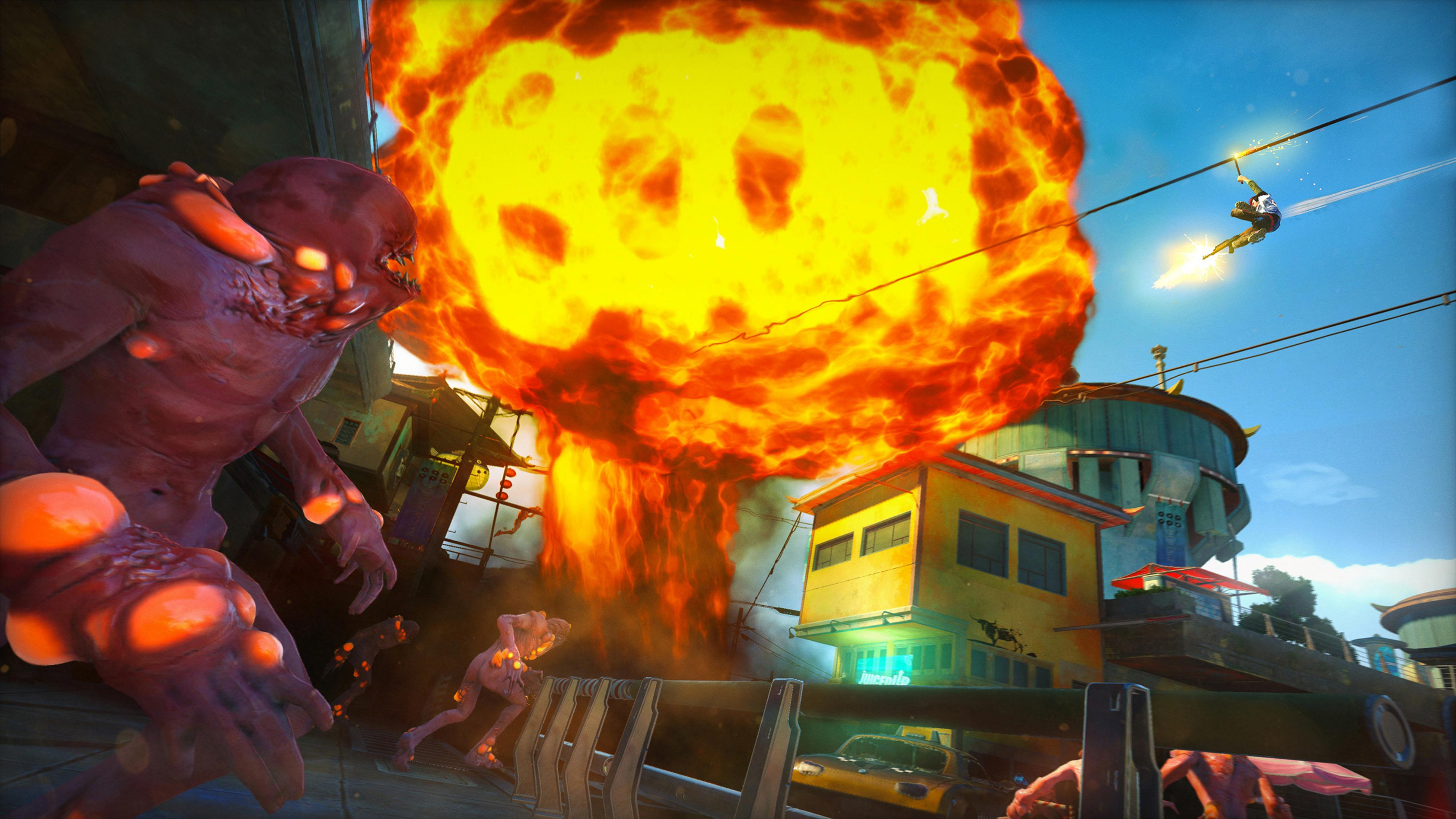 Action-Spielszene: ein Monster, Explosion und eine fliegende Figur. Cartoon-Grafik.