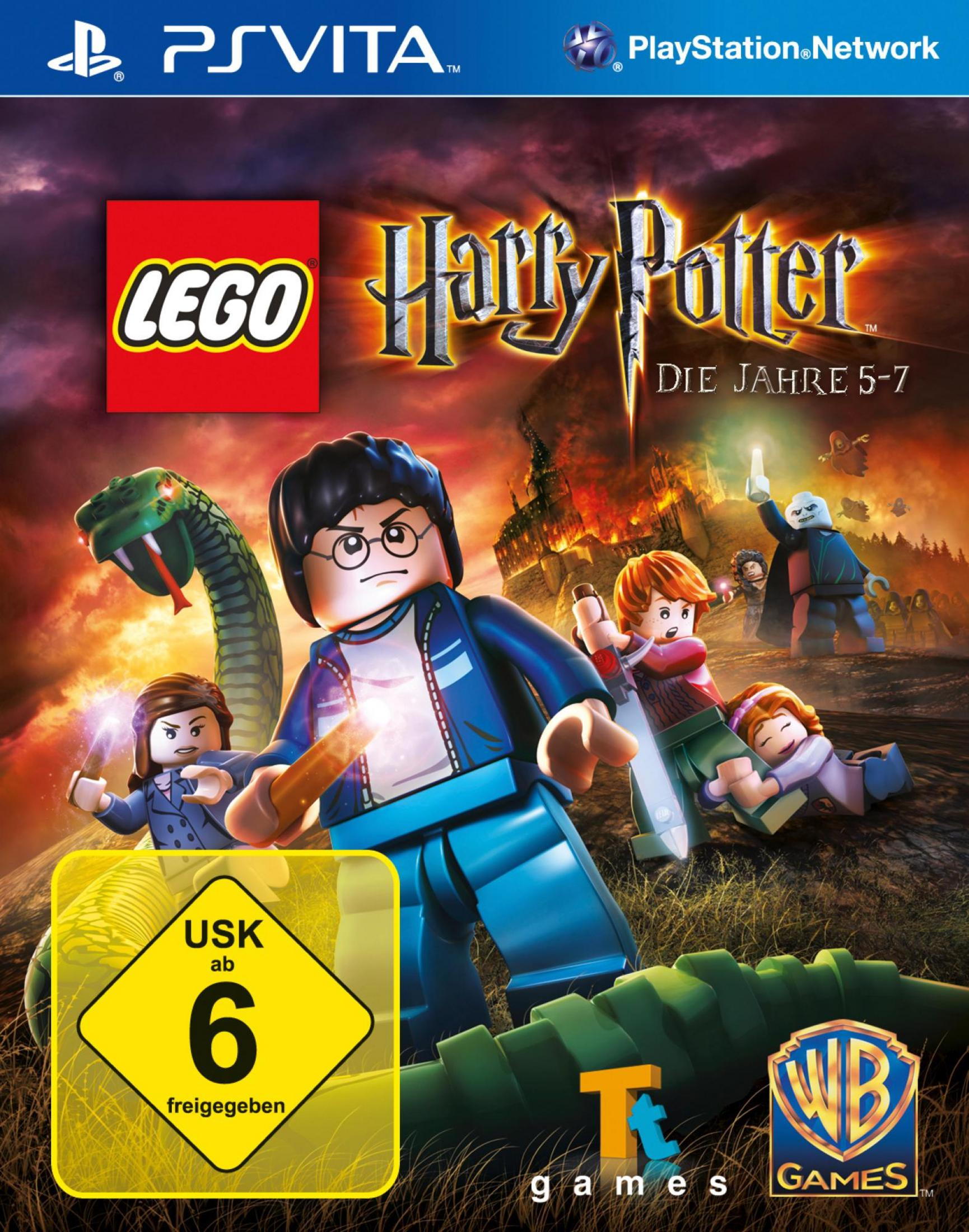 PSVita-Spielcover: Lego Harry Potter. Enthält Lego Harry, Schlange, Charaktere und ein Schloss.