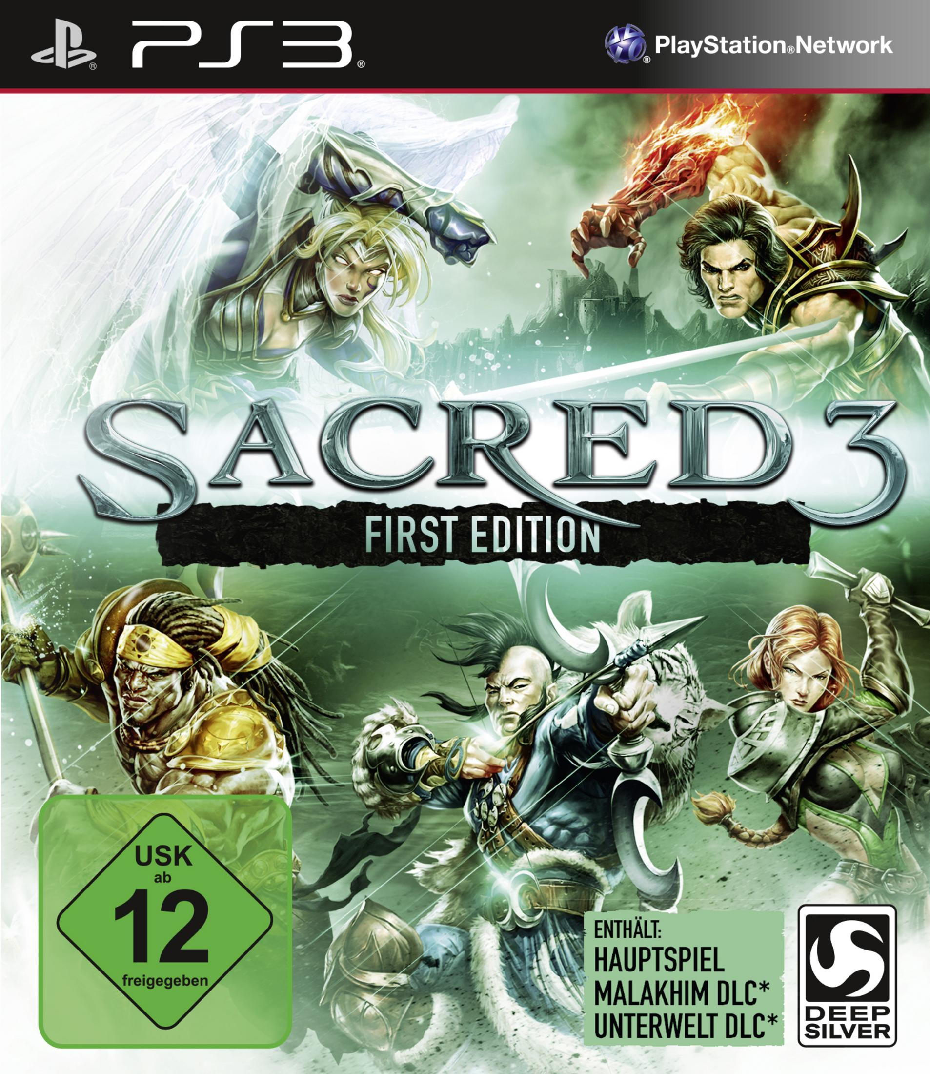 Sacred 3 Spielcover. Enthält mehrere Charaktere in Actionposen. Das PS3-Logo und der Spieletitel sind prominent.
