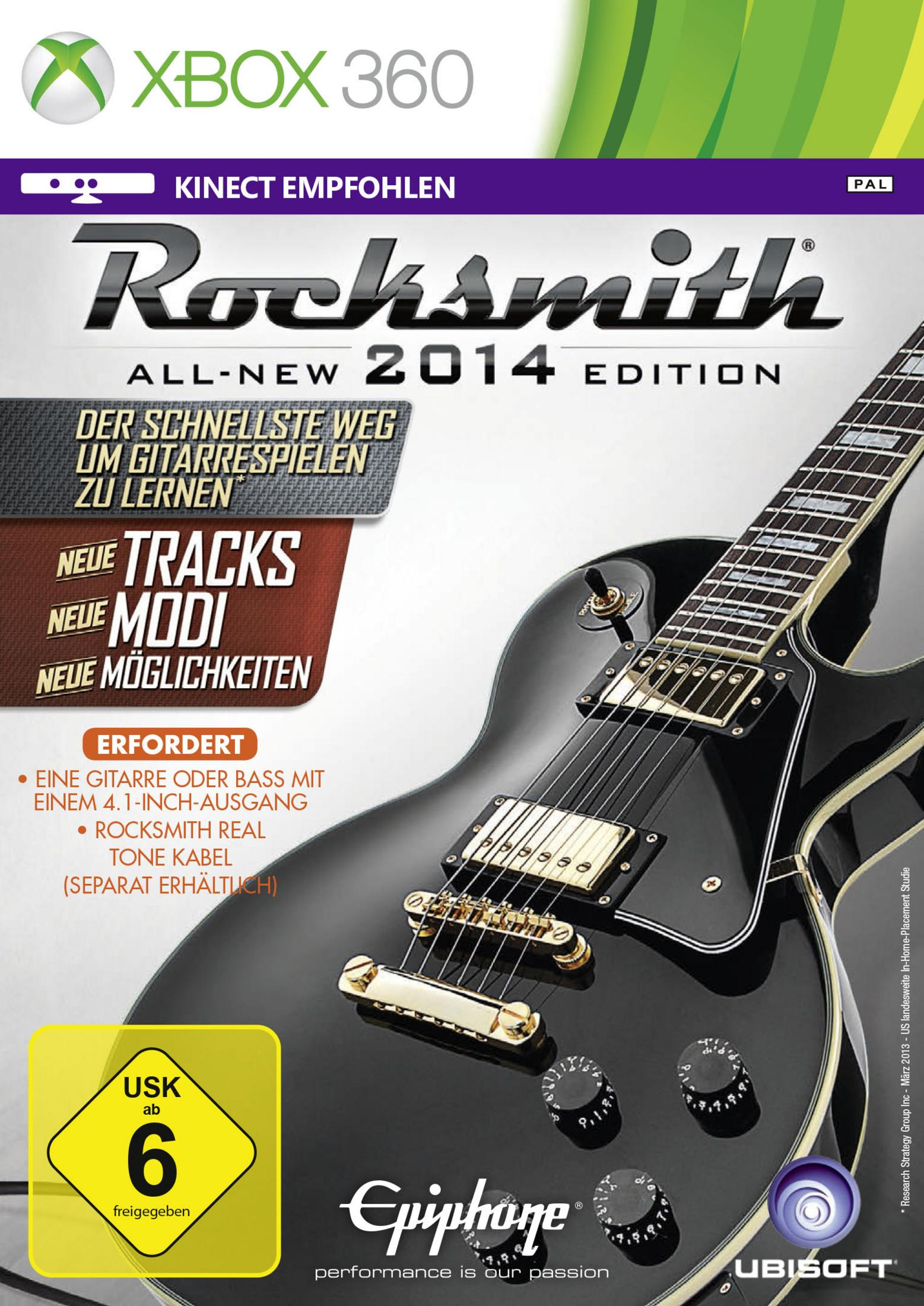 Rocksmith 2014 Xbox 360 Spielebox. Schwarzes Gitarrenbild und Text.