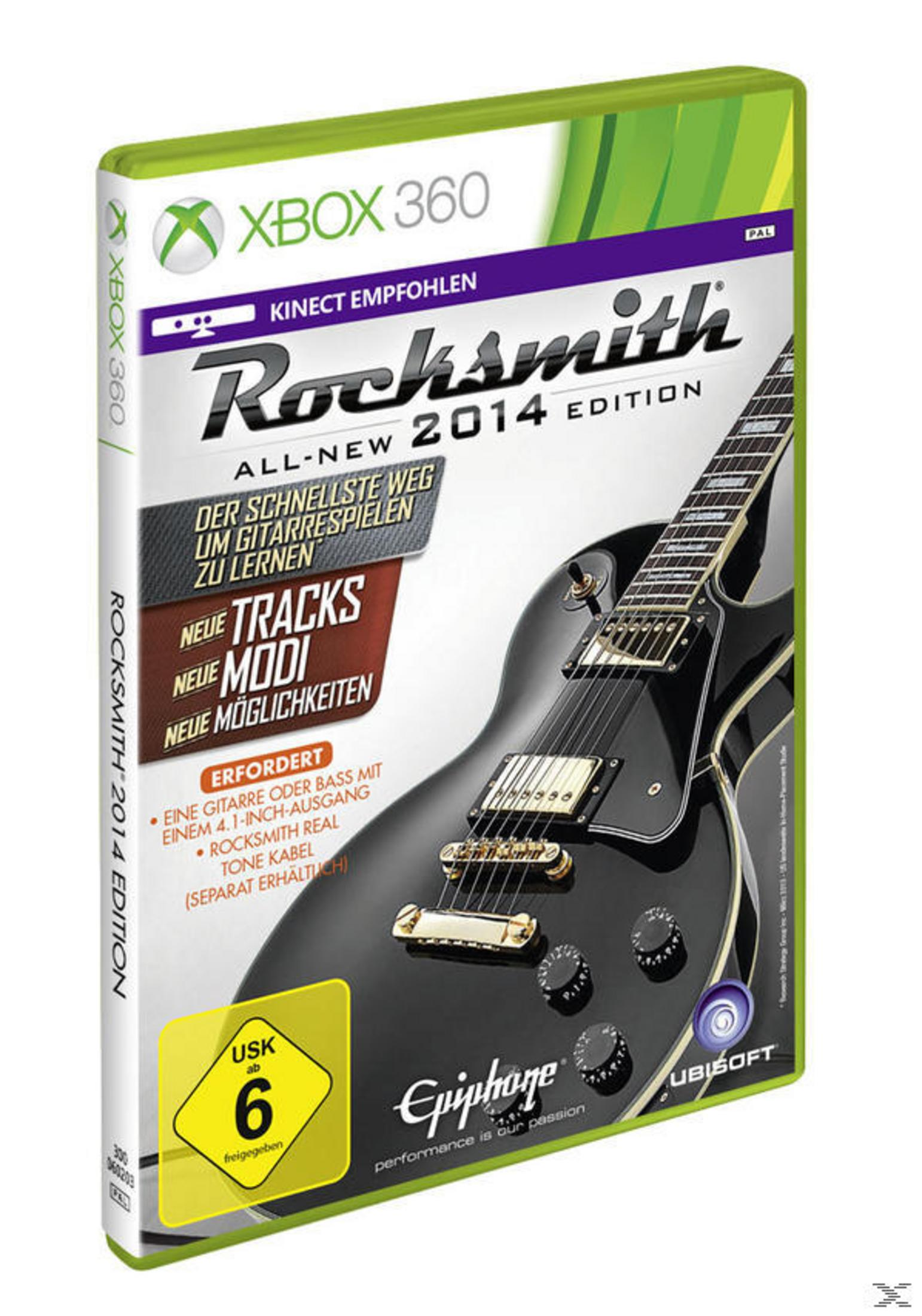 Xbox 360 Spielverpackung für Rocksmith 2014, mit Gitarre und Spieldetails.
