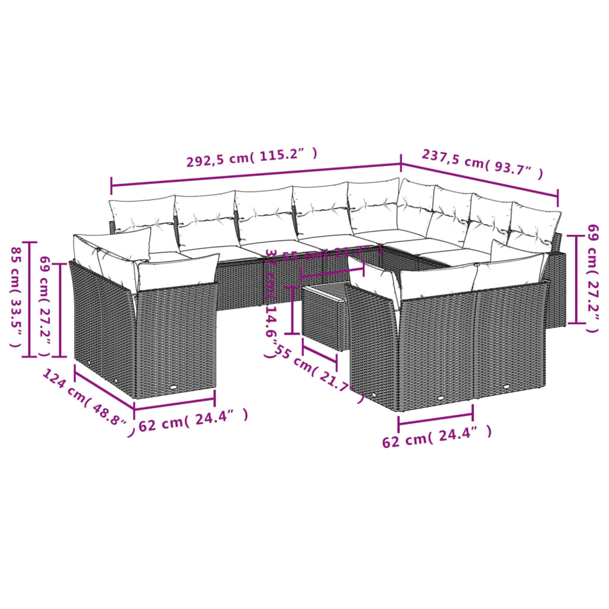Diagramm eines großen Outdoor-Sofasets mit Abmessungen.