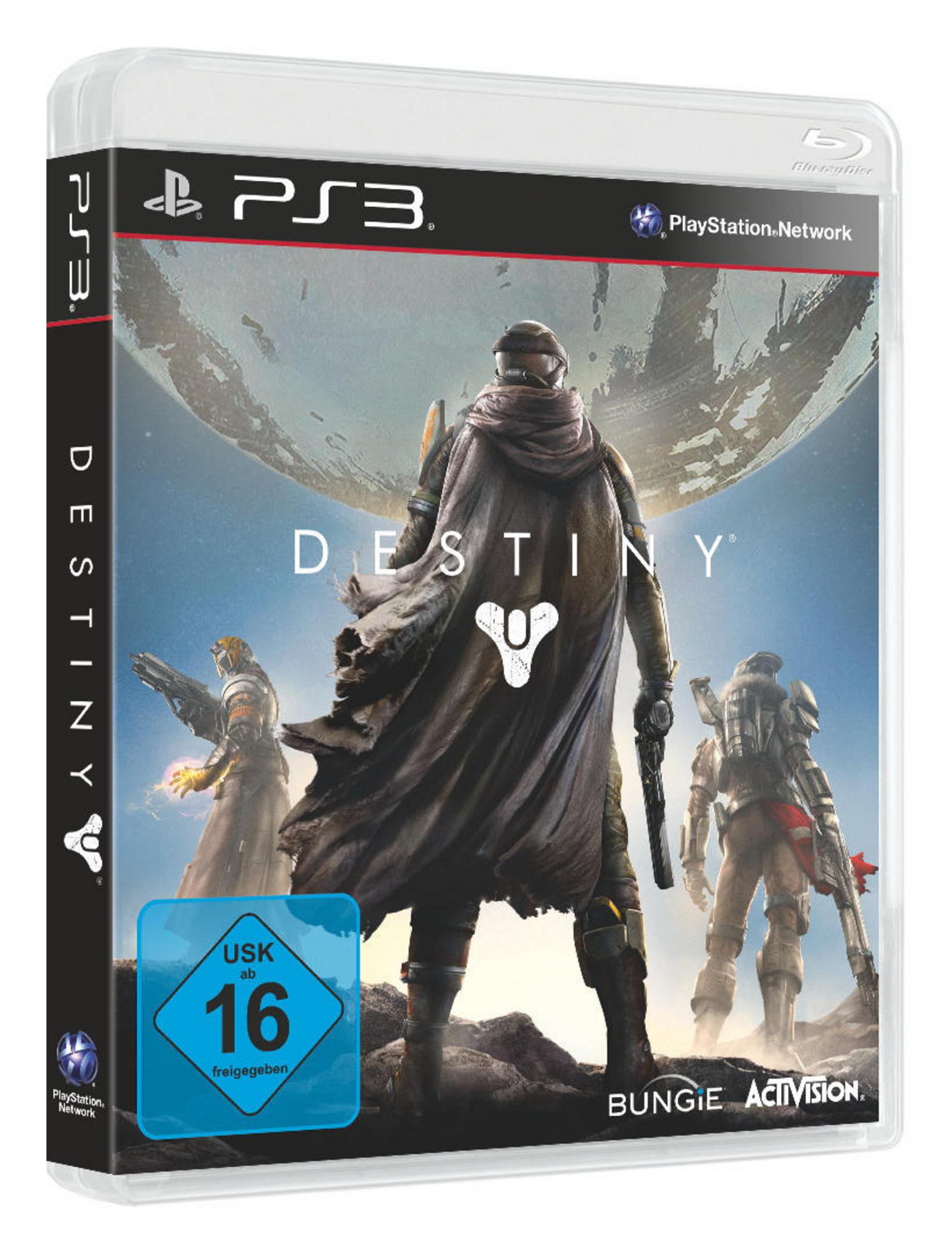Spielcover für Destiny. Zeigt eine vermummte Figur mit zwei anderen auf blau-grauem Hintergrund.