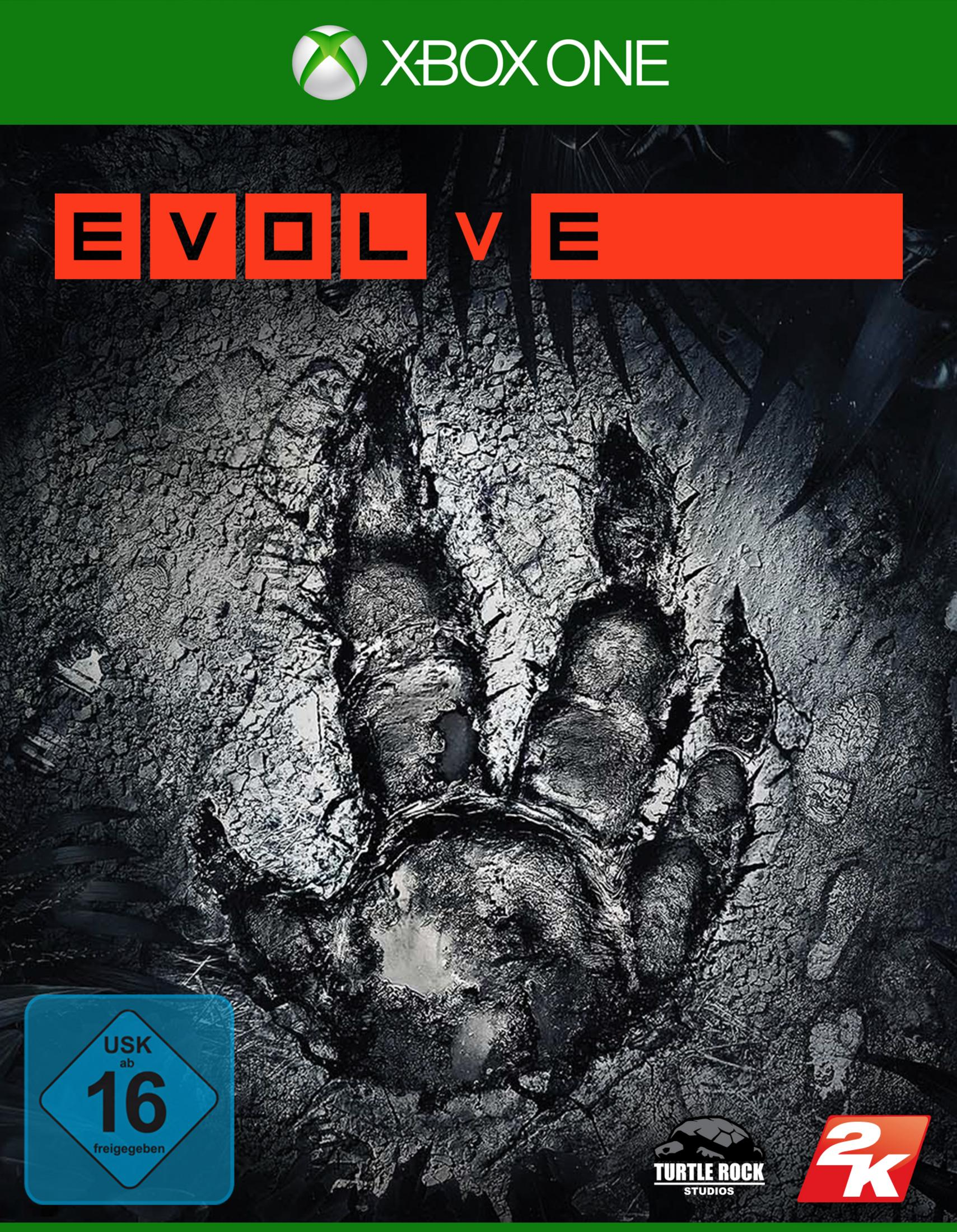 Evolve-Spielcover mit großer Krallenspur auf strukturierter Oberfläche und USK 16-Logo.