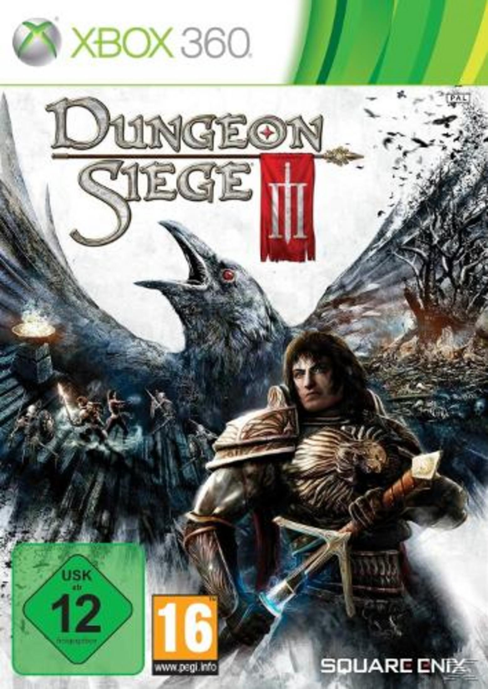 Dungeon Siege-Spielcover mit Krieger und Rabe, dunklem Hintergrund und USK 12-Logo.