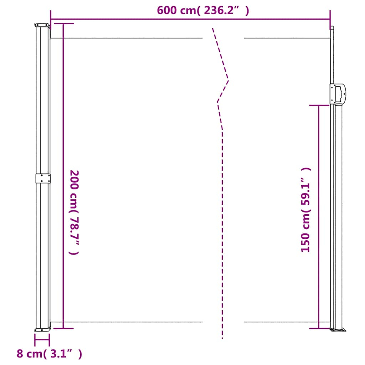 Ein Diagramm, das einen einziehbaren Bildschirm mit Maßen zeigt, beschriftet in cm und Zoll.