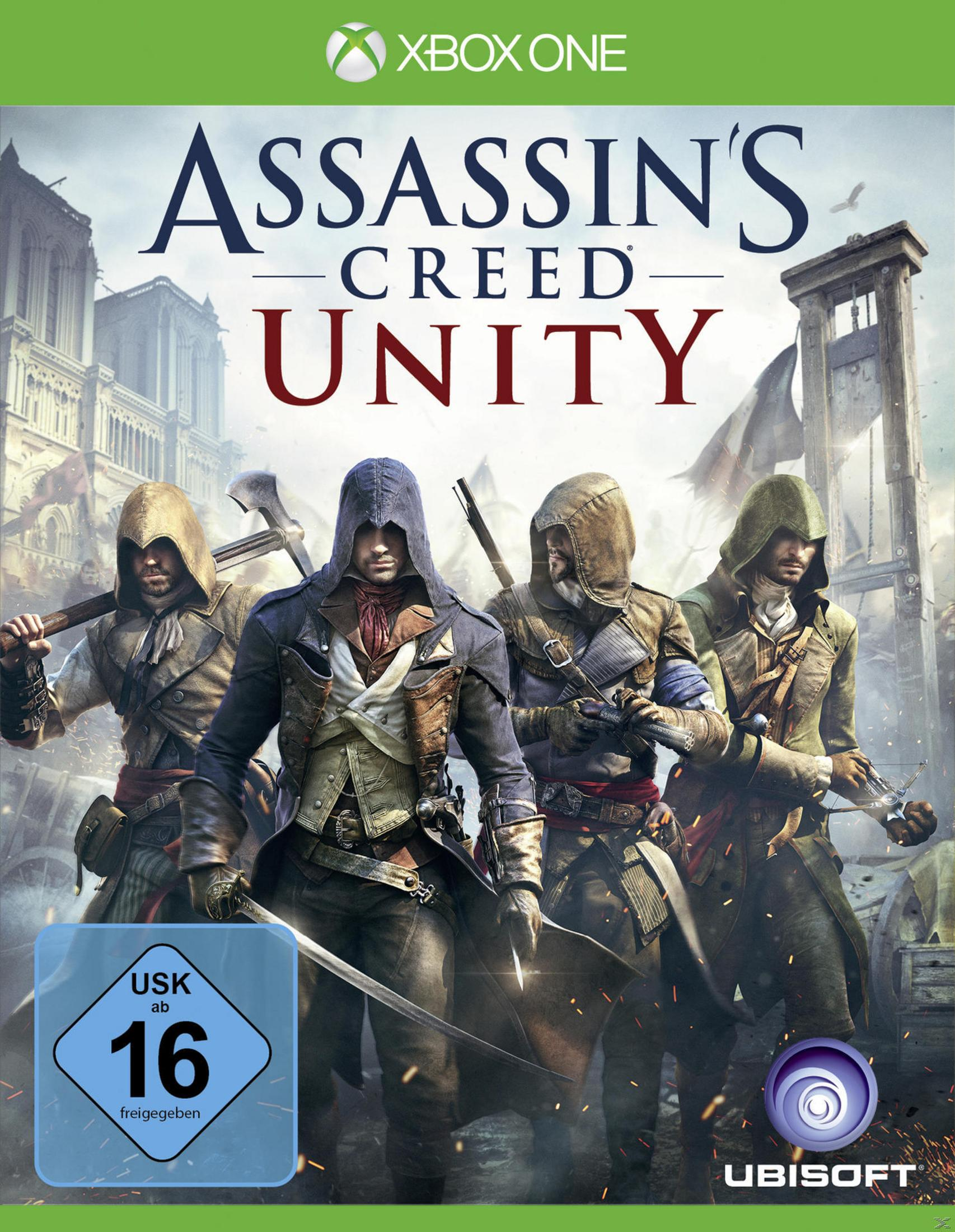 Spielcover: Assassins Creed Unity, eine Gruppe von Assassinen vor einer Stadtszene.