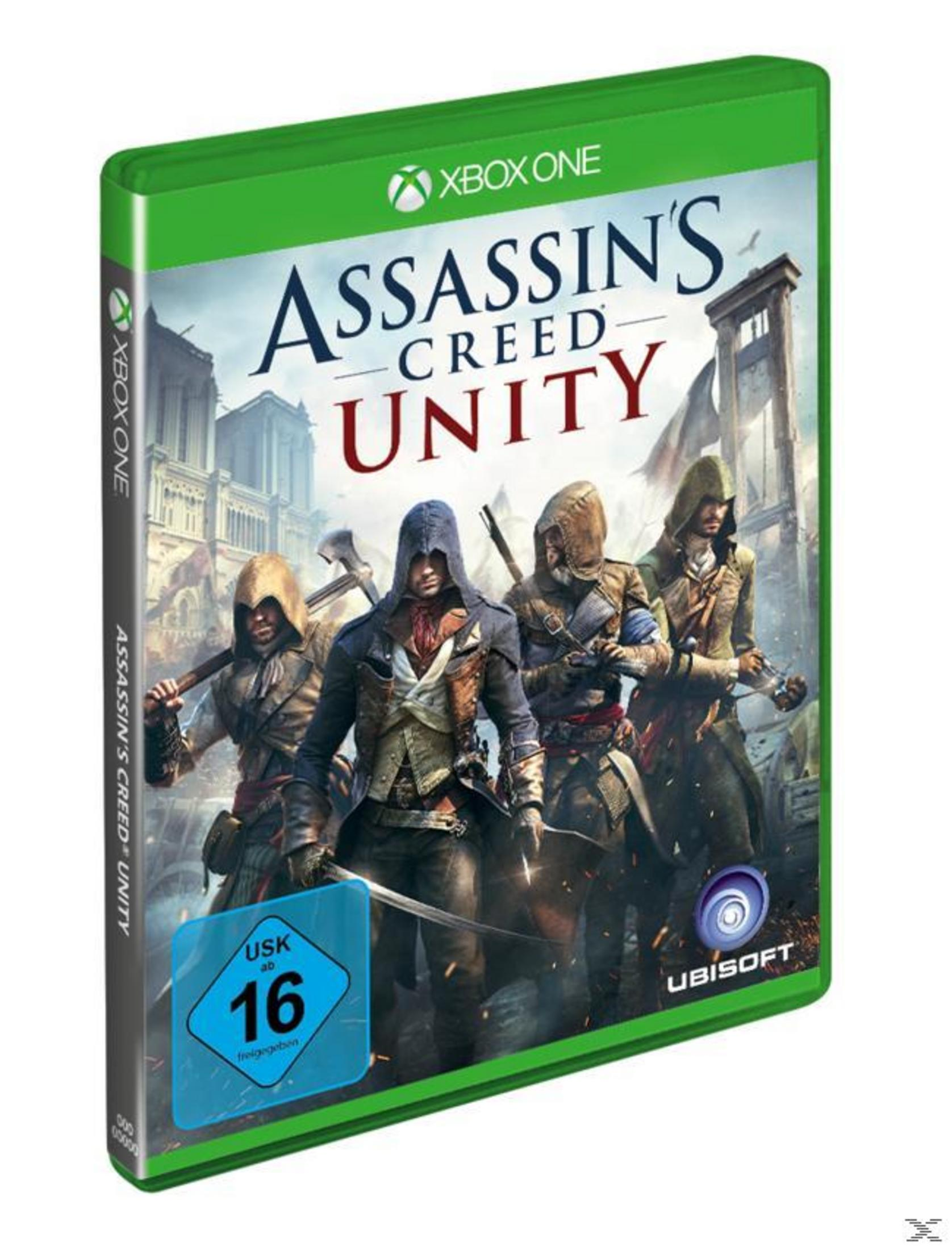 Spielbox: Assassins Creed Unity, vier Figuren mit Kapuzen und Schwertern, grünes Gehäuse.