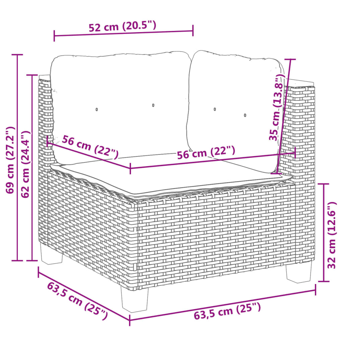 Poltrona in rattan con dimensioni e un cuscino, su sfondo bianco.