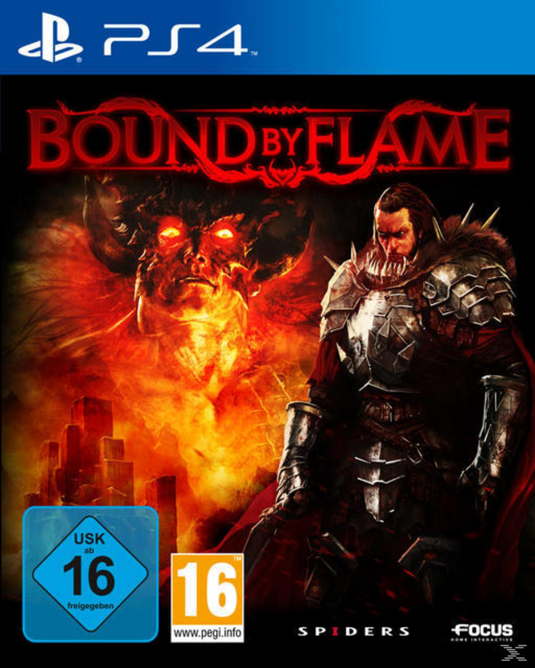 Spiel-Cover: Bound by Flame, Dämon mit Hörnern und Krieger in Rüstung mit Flammen.
