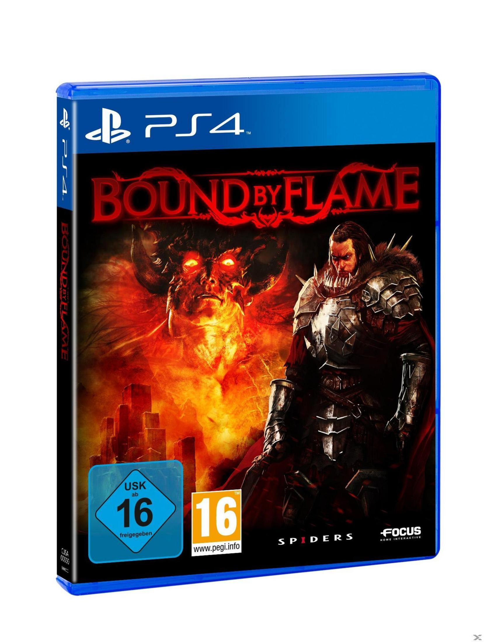 Spiel-Cover: Bound by Flame, Dämon mit Hörnern und Krieger mit Rüstung und Feuerhintergrund.