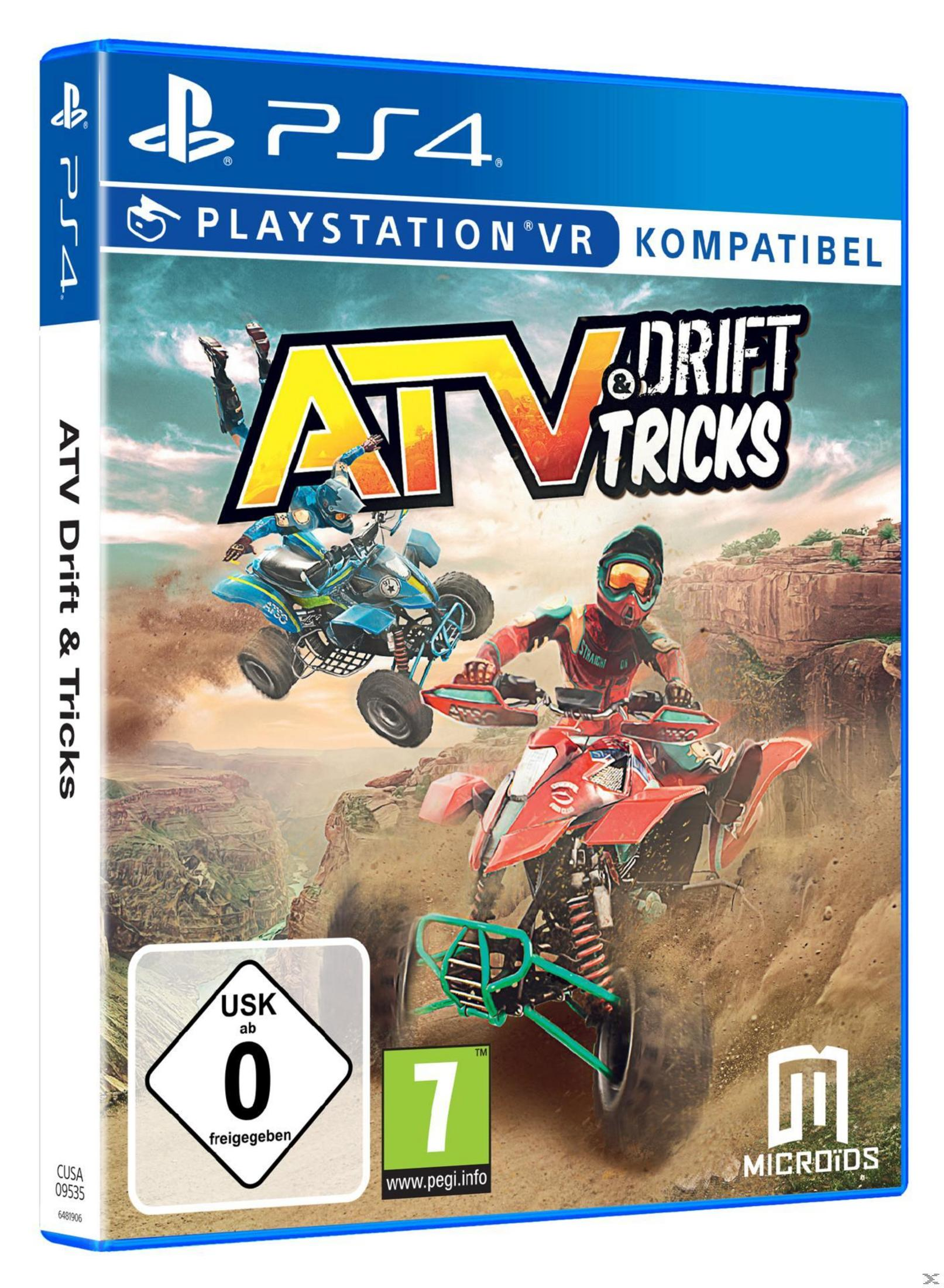 ATV Drift & Tricks Spielbox. Zwei ATVs rasen auf einer Dirtstrecke, blau und rot, PS4 Logo.