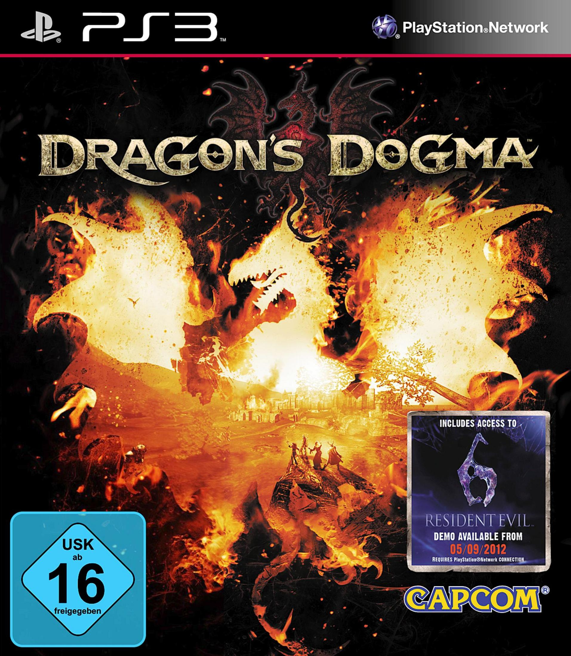 Dragon's Dogma-Spielbox. Ein feuriger Drache dominiert das Cover. Der Spieletitel wird angezeigt.