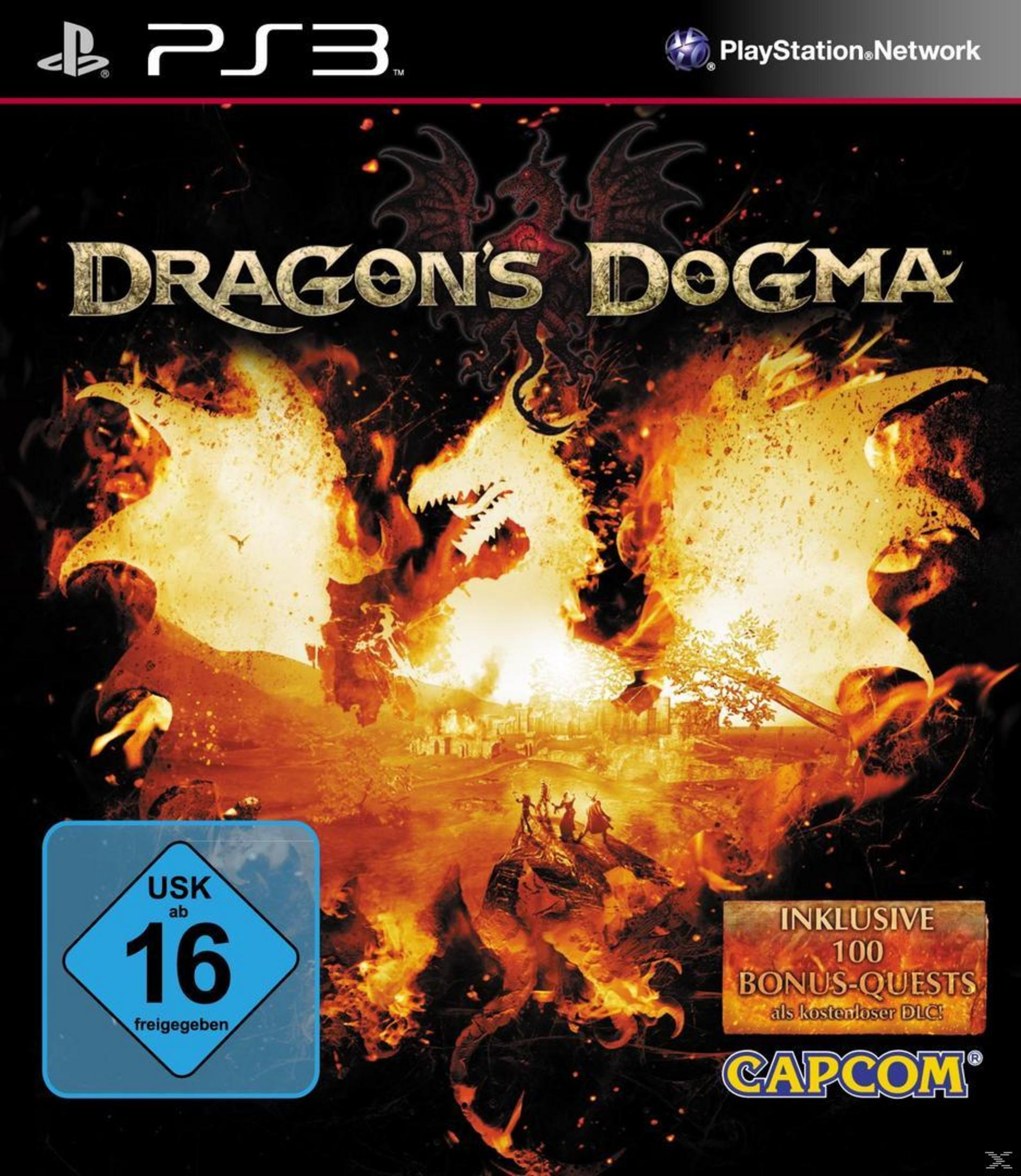 Dragon's Dogma-Spielbox. Feuriges Drachen-Artwork. Der Spieletitel ist oben zentriert.