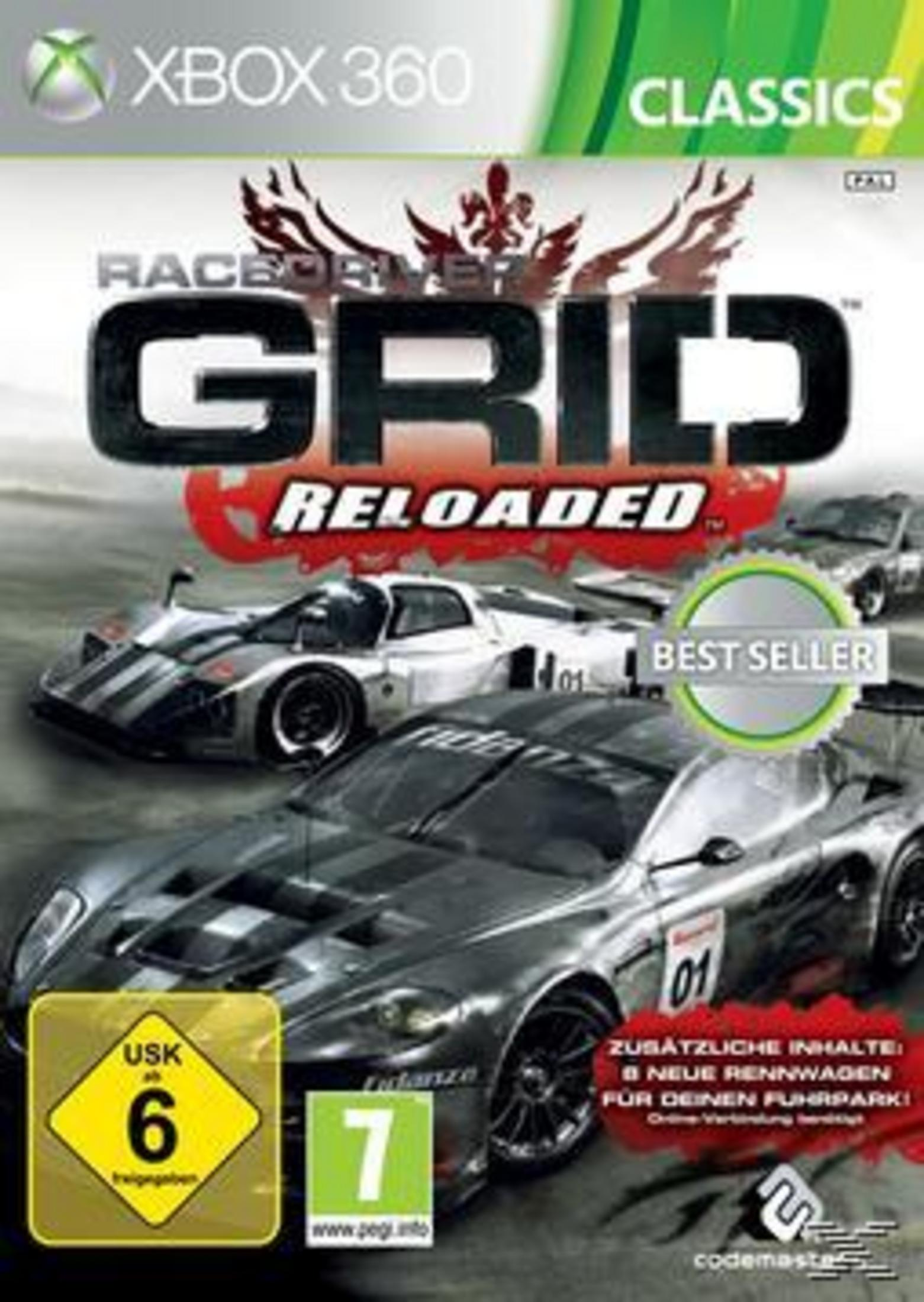 Race Driver Grid Reloaded-Spielbox. Rennwagen werden angezeigt, und der Spieletitel ist sichtbar.