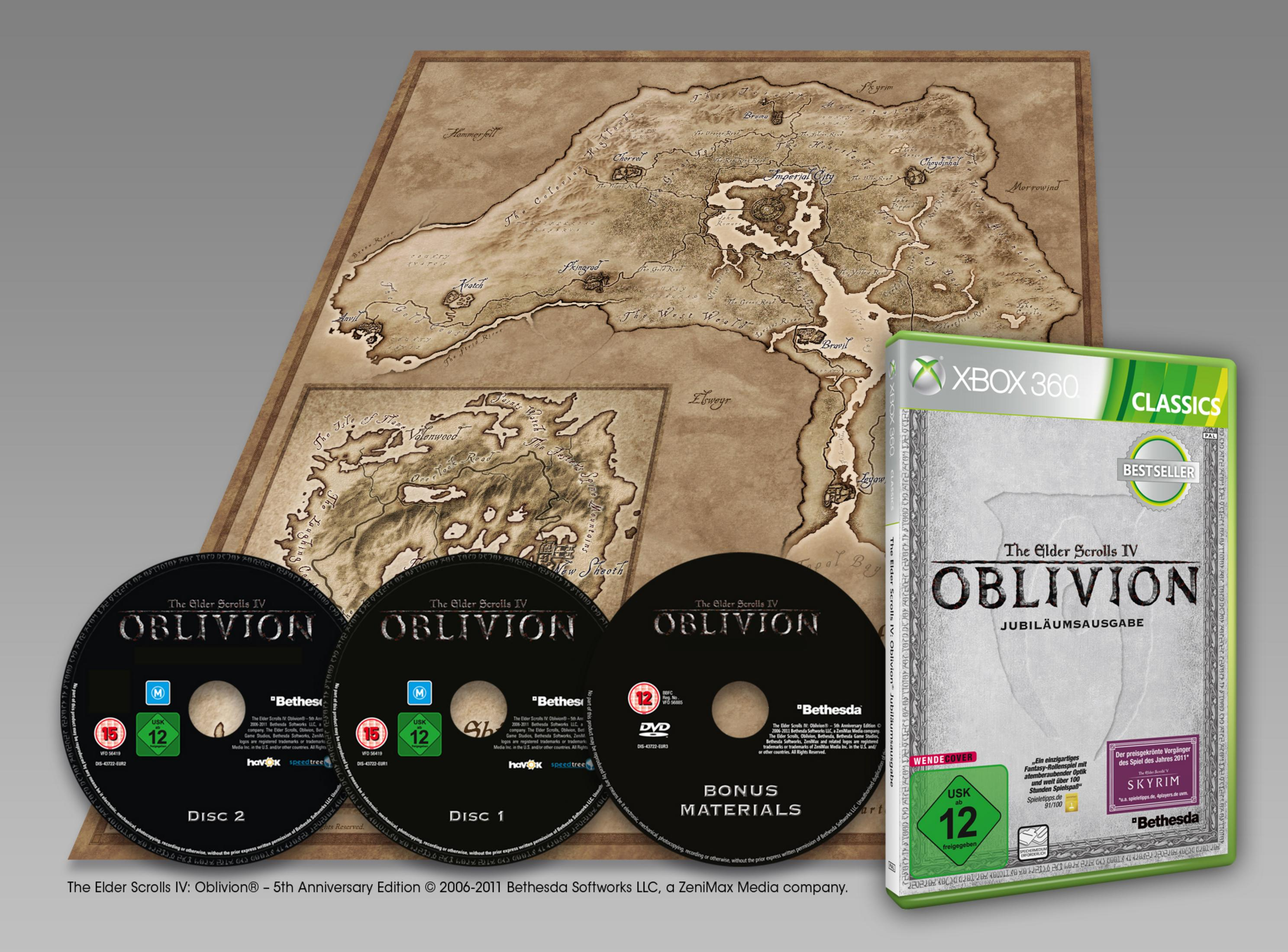The Elder Scrolls IV: Oblivion Spielhülle mit Discs und Karte.