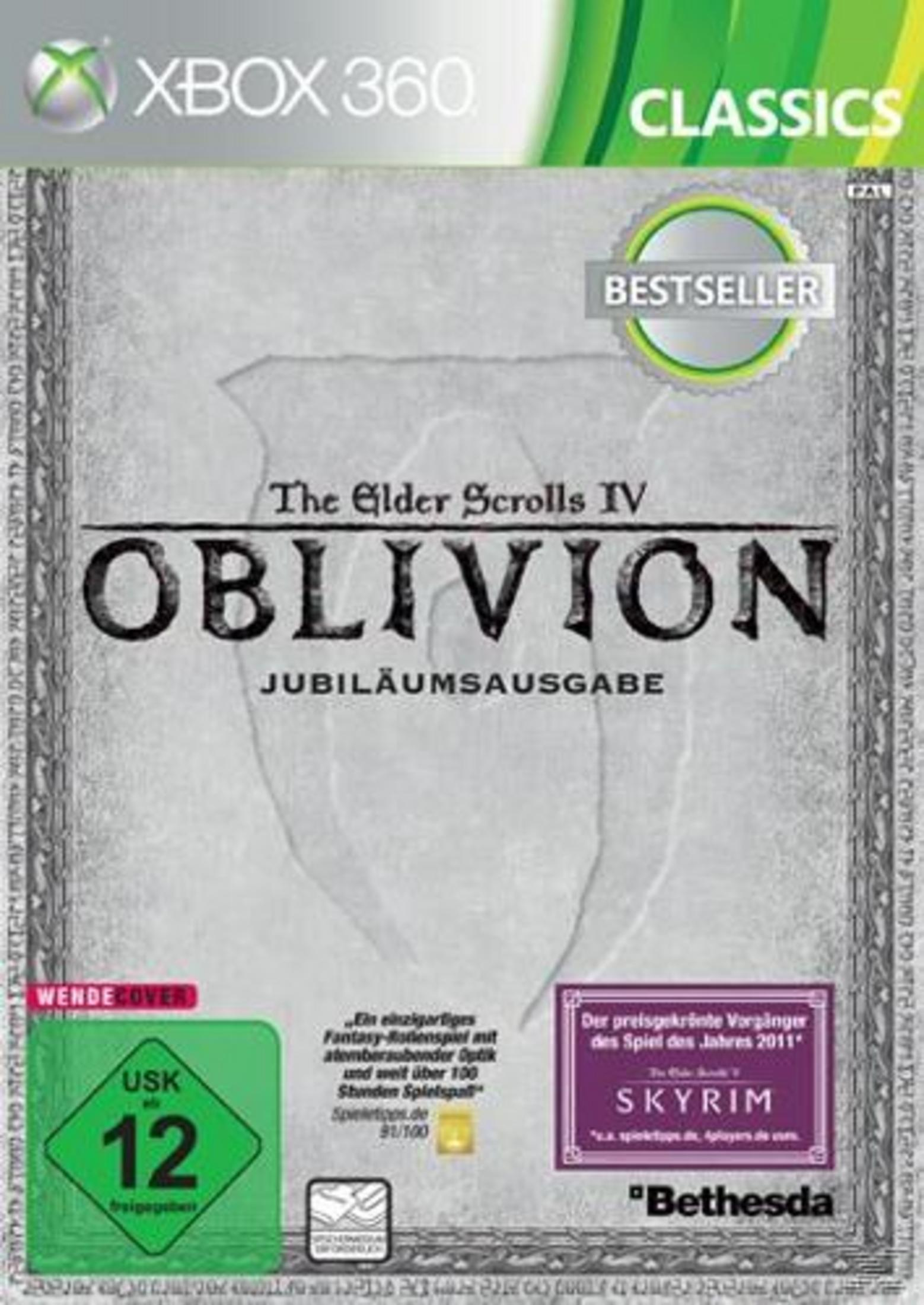 Spielcover von The Elder Scrolls IV: Oblivion. Es hat einen weißen Hintergrund mit dem Titel des Spiels in Schwarz.