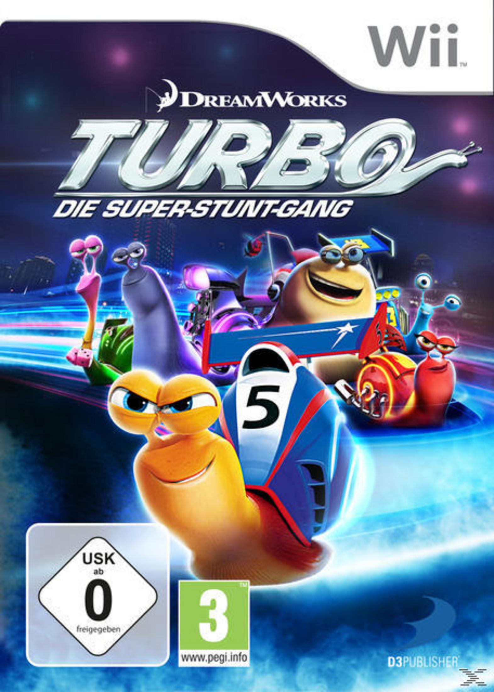 Wii-Spielcover: Turbo. Animierte Schnecken rasen mit Rennwagen. Der Hintergrund zeigt einen Nachthimmel mit Sternen.