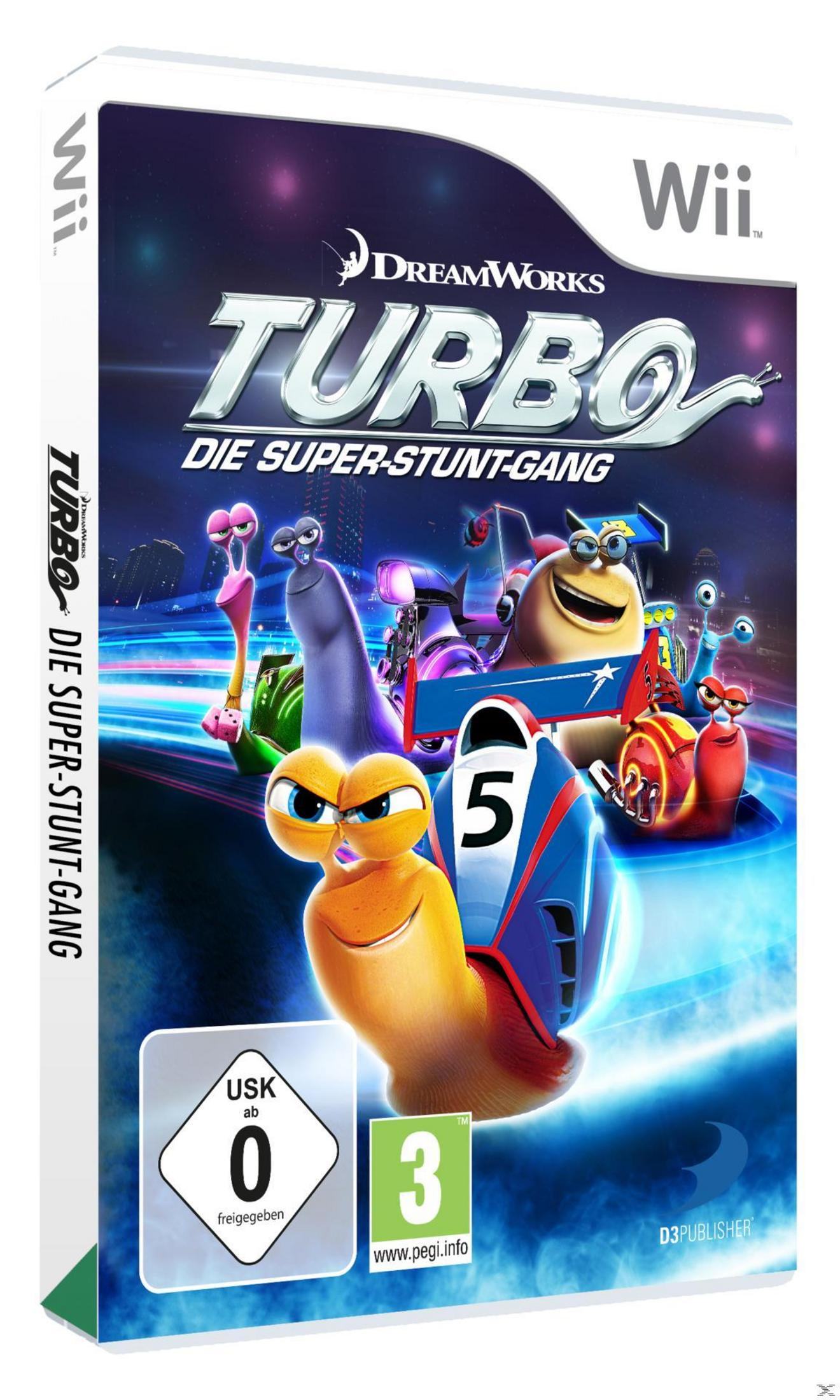 Turbo: Die Super-Stunt-Gang Wii-Spielcover mit Schneckenrennen und Spieldetails. Weißer Hintergrund.