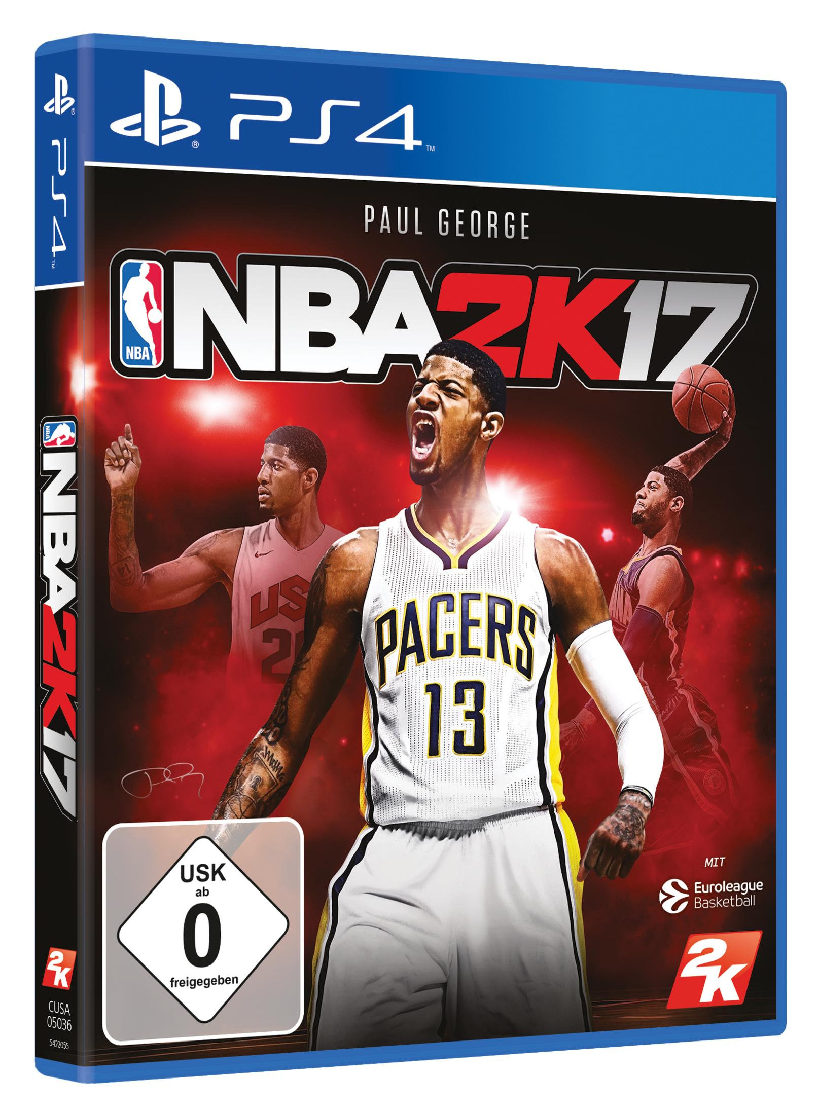 PS4-Spielcover: NBA 2K17. Basketballspieler im Pacers-Trikot, mit anderen Spielern und einem Basketball. Roter Hintergrund.