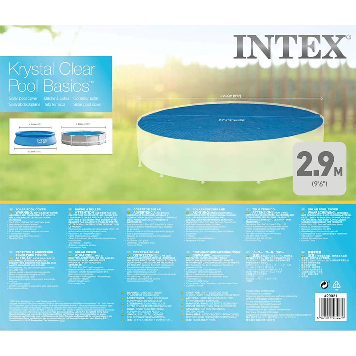 Intex Krystal Clear Pool Basics. Una copertura per piscina con un'etichetta da 2,9 m e altri testi in più lingue.