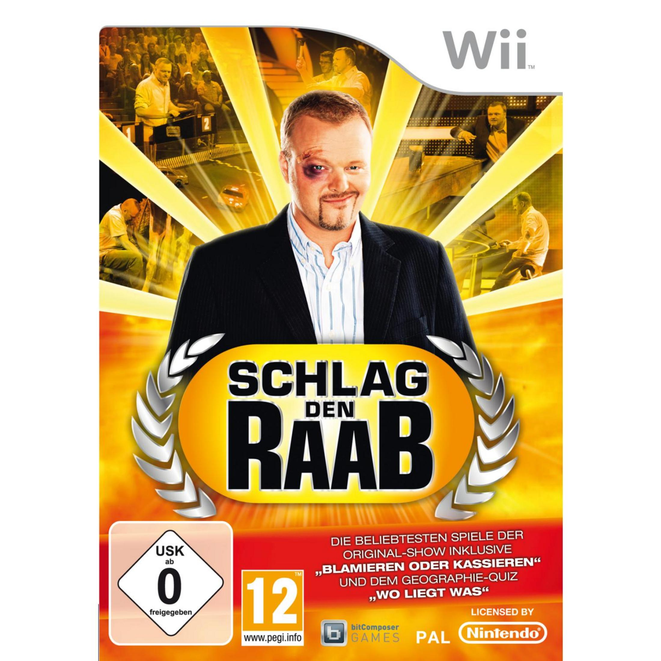 Wii-Spielcover für 'Schlag den Raab' mit dem Moderator und Spielgrafiken.