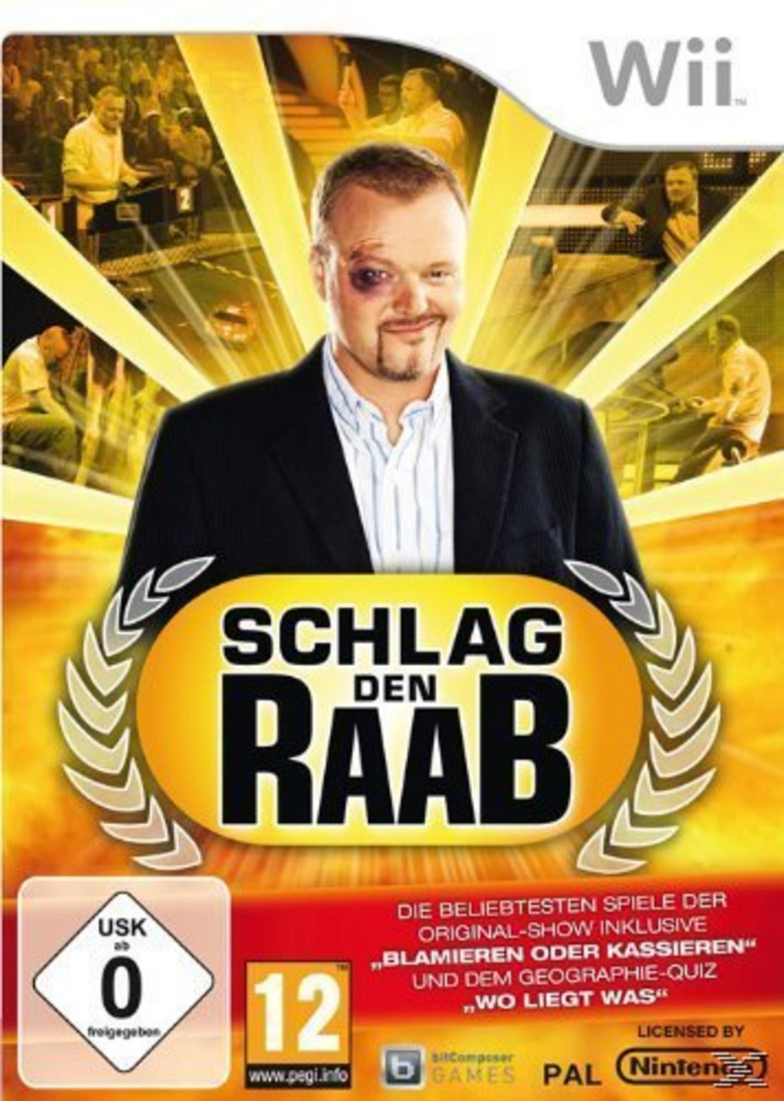 Wii-Spielcover: 'Schlag den Raab', ein Mann mit blauem Auge, Logo und Spielgrafiken.