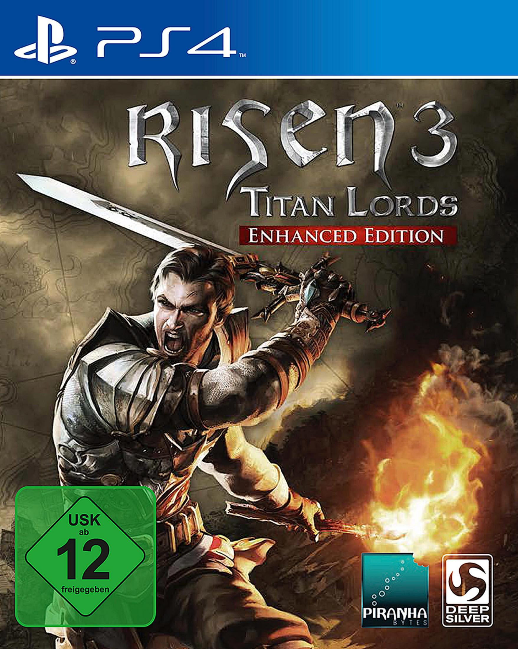 PS4-Spielcover für Risen 3: Titan Lords, mit einem Krieger, der ein Schwert und Feuer hält.