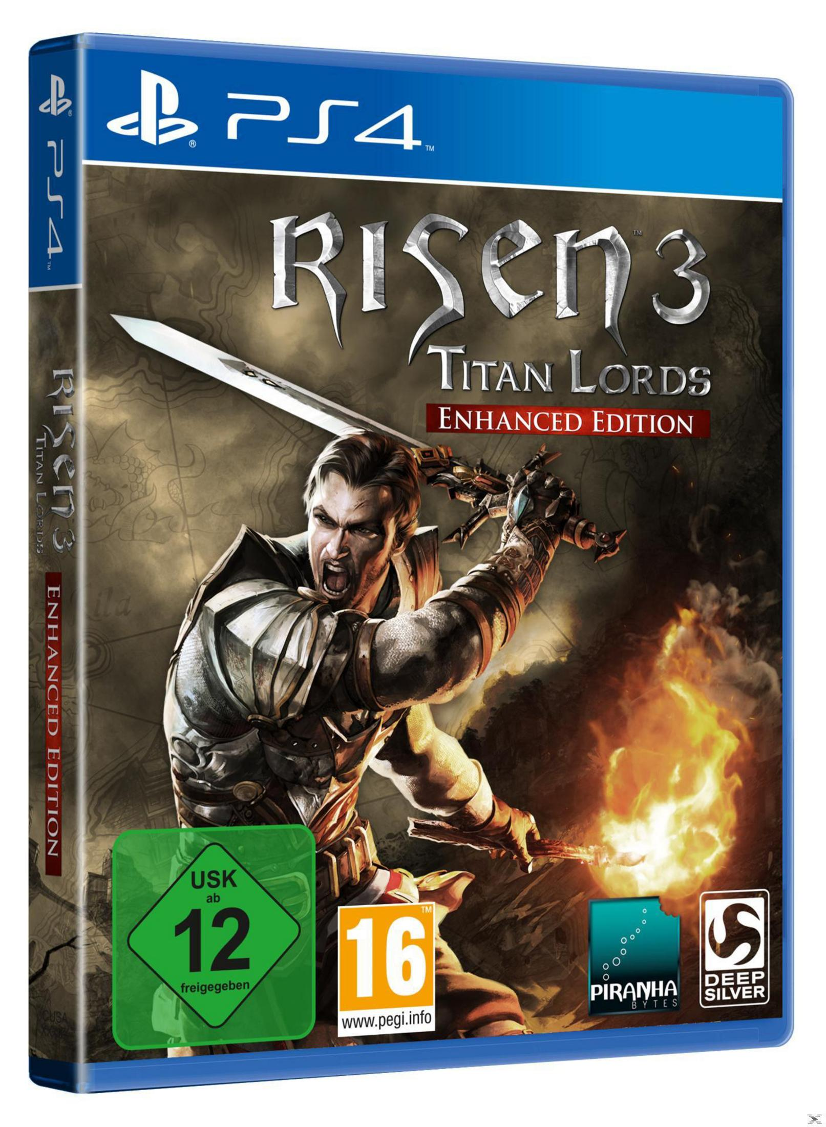 PS4-Spielhülle: Risen 3: Titan Lords, zeigt Krieger mit Schwert und Flammen.
