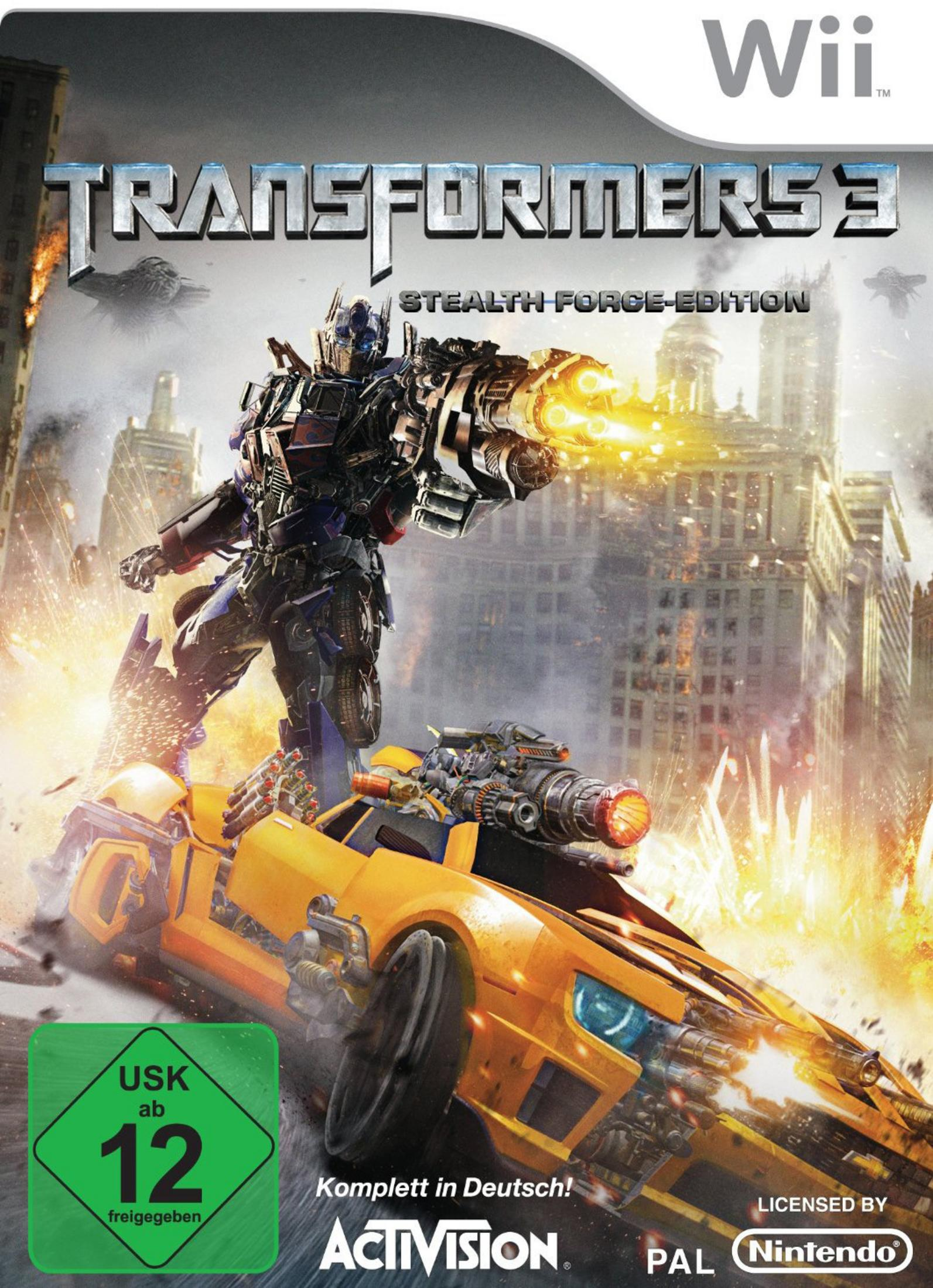 Transformers 3 Wii-Spielbox. Enthält Optimus Prime und ein gelbes Auto.