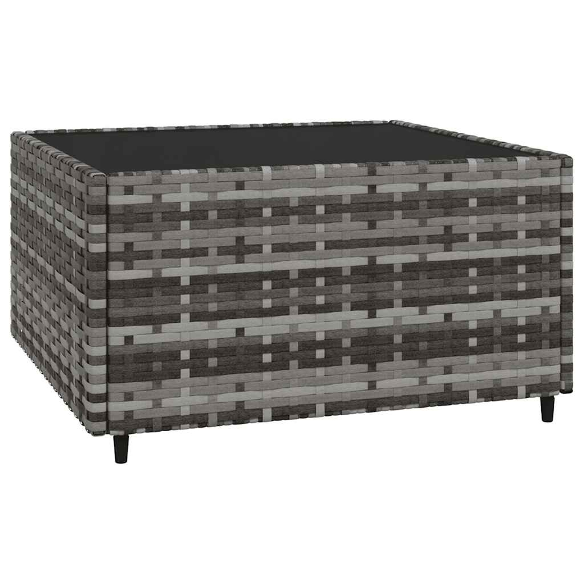 Grauer Rattan-Couchtisch. Die Oberfläche ist schwarz und die Beine sind kurz.
