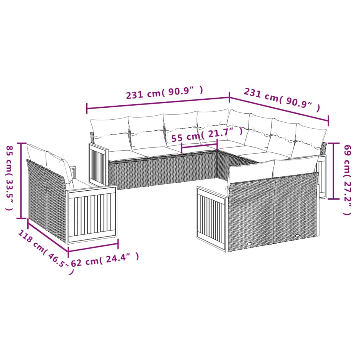 Ein Rattan-Sofaset mit beschrifteten Abmessungen. Enthält ein Ecksofa, einen Sessel und Maße in cm und Zoll.