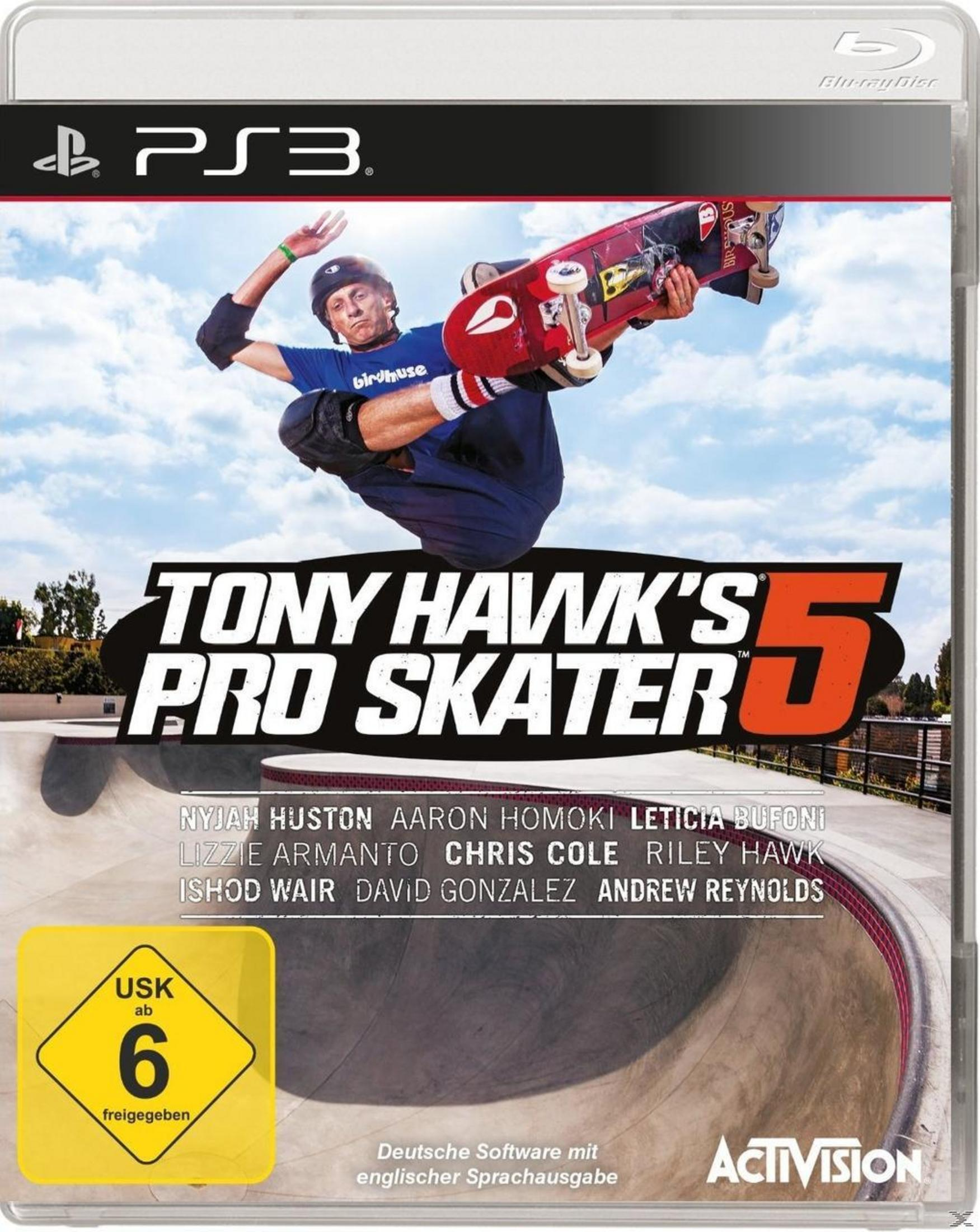 PS3-Spielcover: Tony Hawk's Pro Skater 5. Ein Skater in Aktion, das Spiellogo und ein Skatepark-Hintergrund.