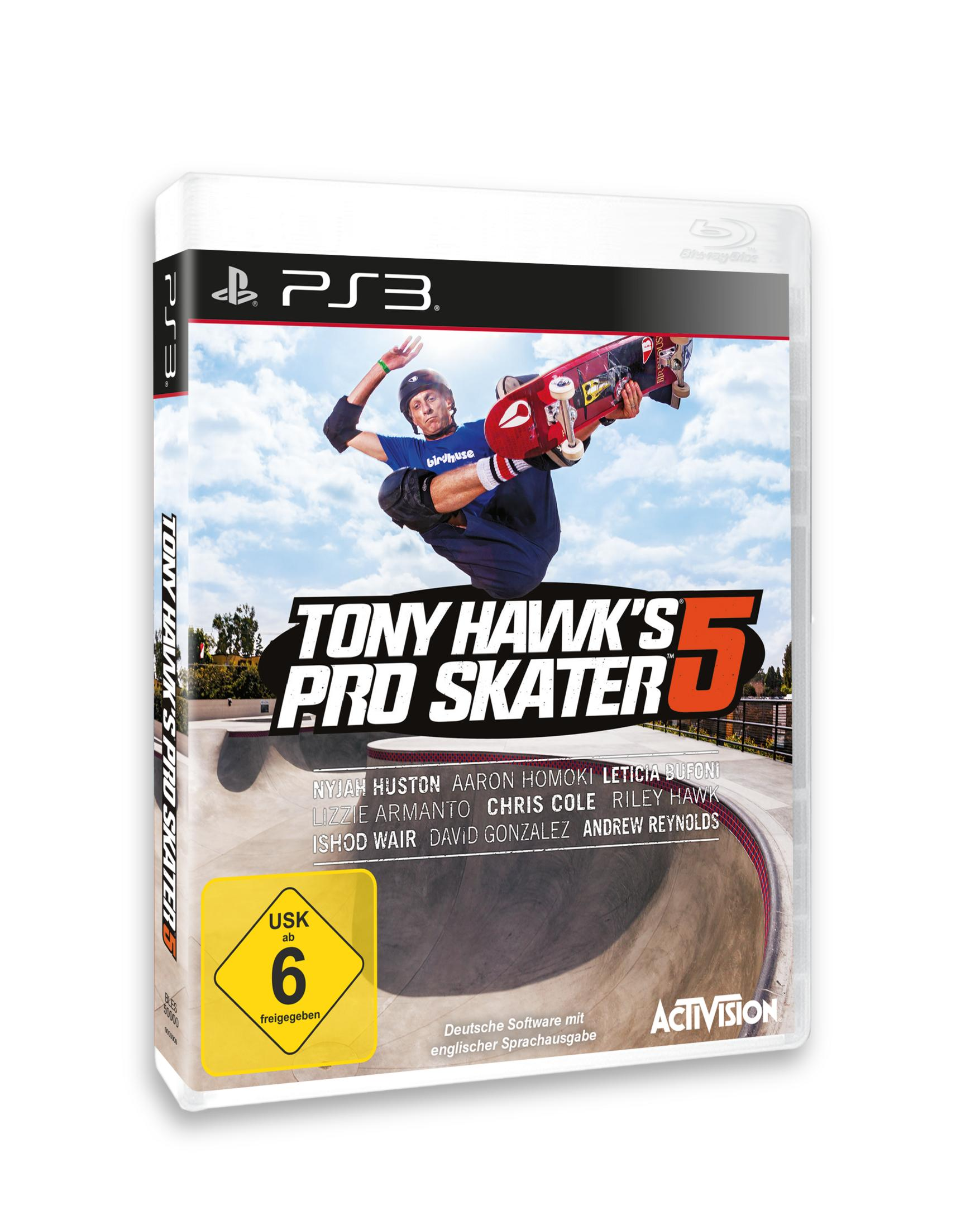 PS3-Spielcover: Tony Hawk's Pro Skater 5. Ein Skateboarder macht einen Trick in einem Skatepark, blauer Himmel im Hintergrund.