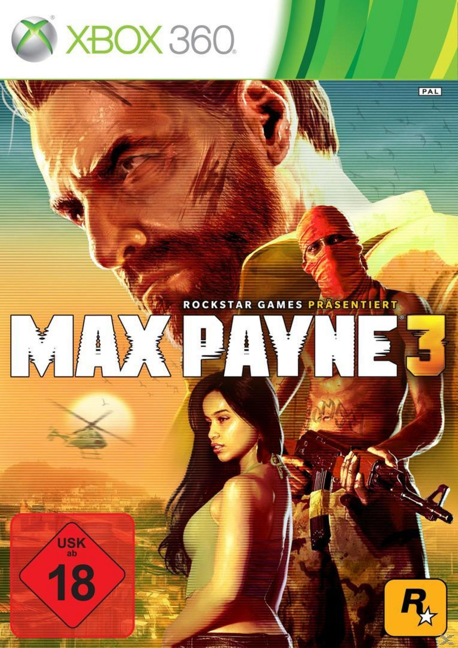 Artwork della scatola del gioco Xbox 360 'Max Payne 3', con un uomo, una donna e una persona mascherata, sfondo giallo.