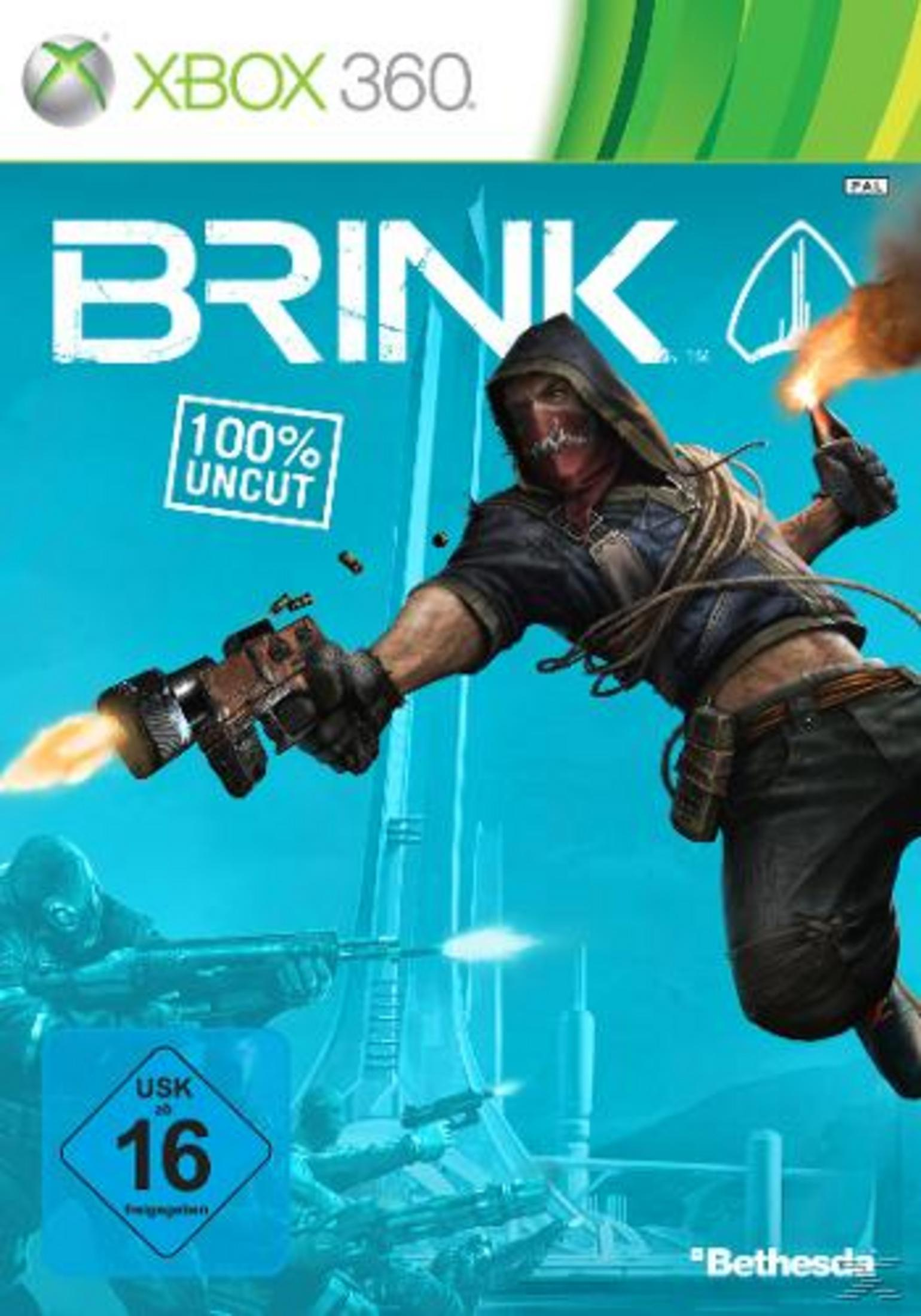 Spielcover mit einem Mann mit Kapuze, der eine Waffe und einen Molotowcocktail hält. Titel: Brink.