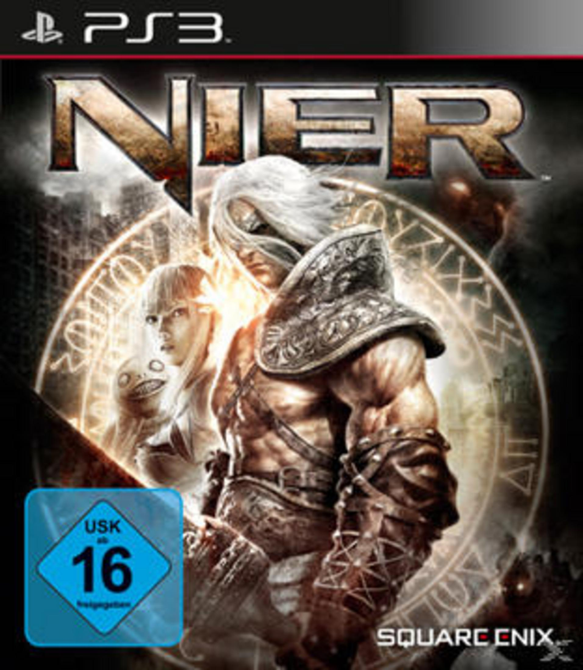 Ähnlich wie zuvor, aber mit leicht anderem Winkel. Spielcover für Nier mit Charakteren und kreisförmigem Design.