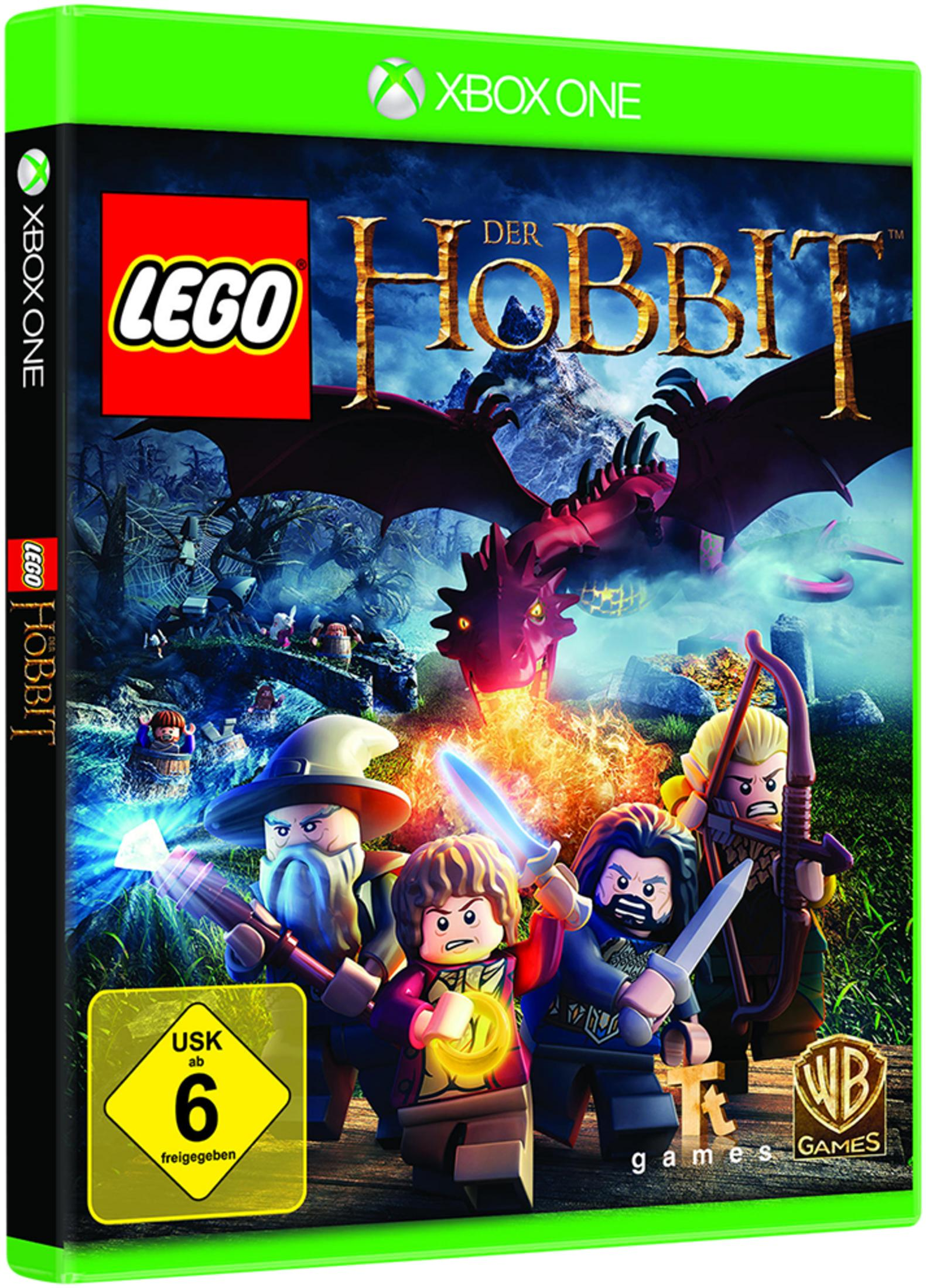 Lego The Hobbit Spielcover. Enthält Lego-Figuren von Charakteren mit einem Drachen und einem Berg-Hintergrund.