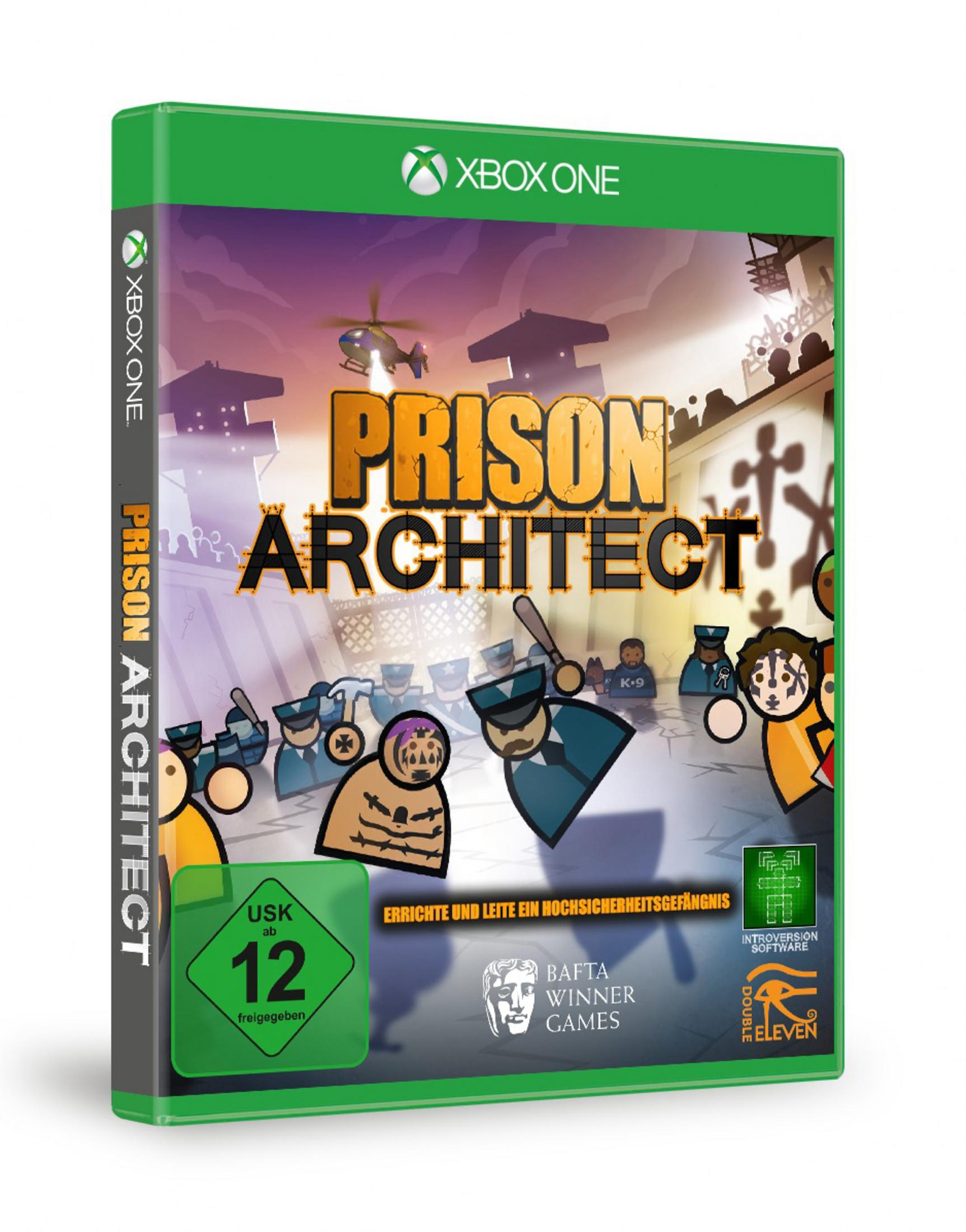 Prison Architect Xbox One Spielcover, angewinkelt. Dieselbe Cartoon-Gefängnisszene mit Wachen und Häftlingen.